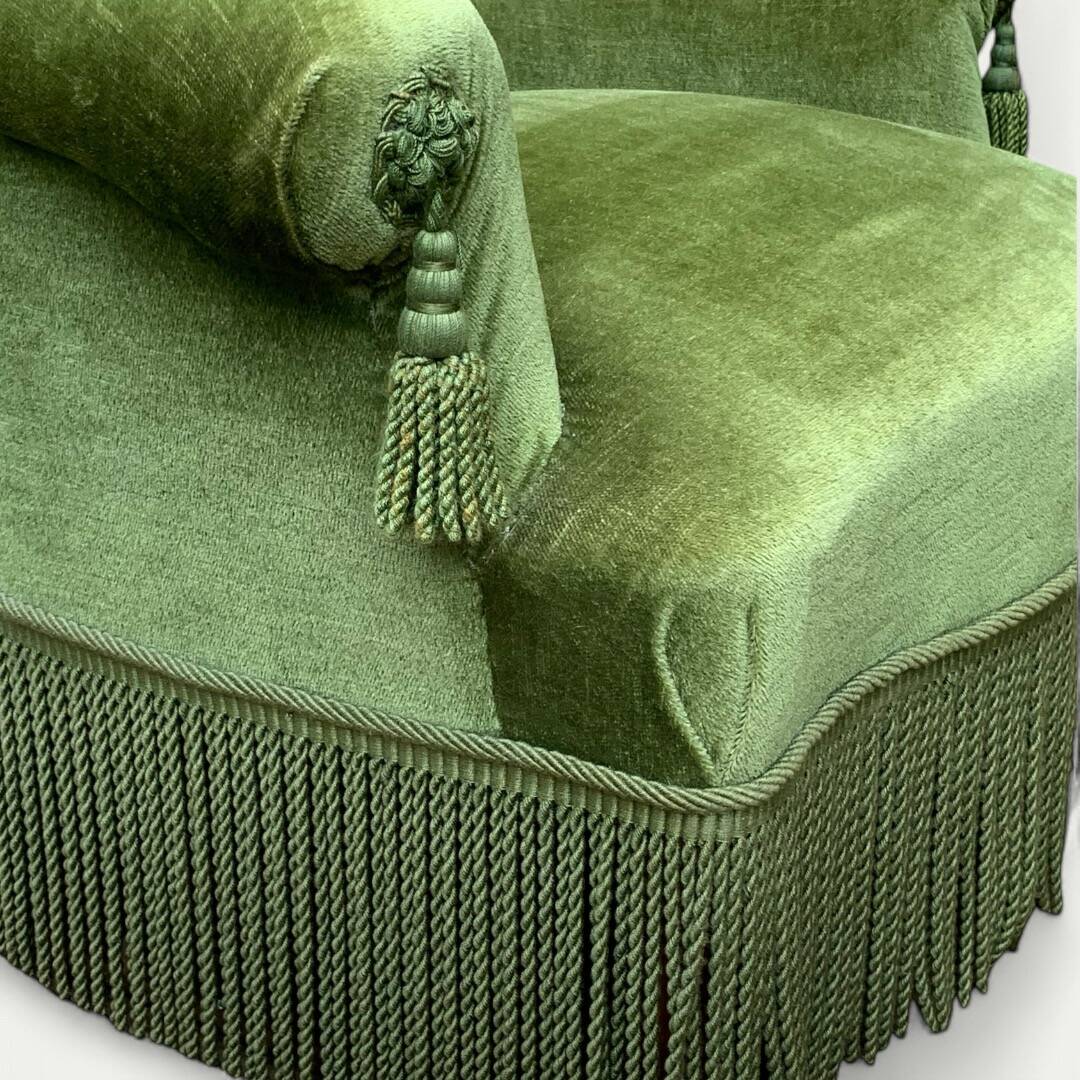 Pair of olive green velvet toad armchairs