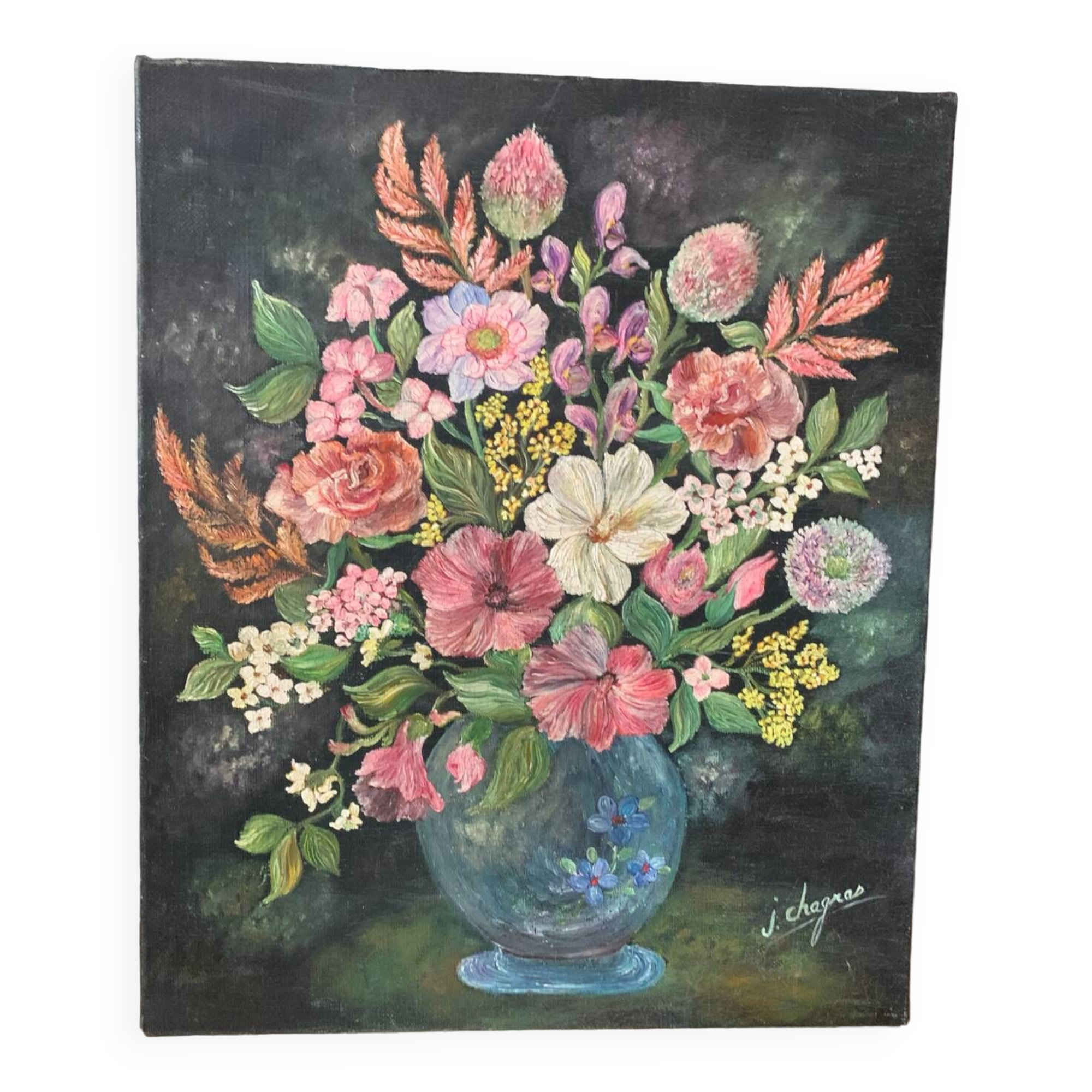 Oil on canvas bouquet of pink flowers