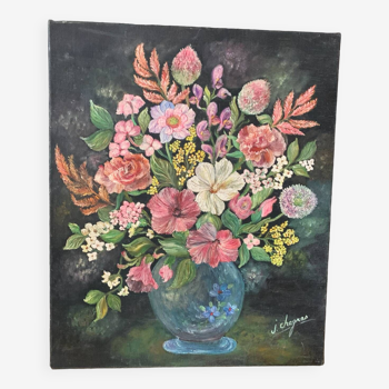 Oil on canvas bouquet of pink flowers