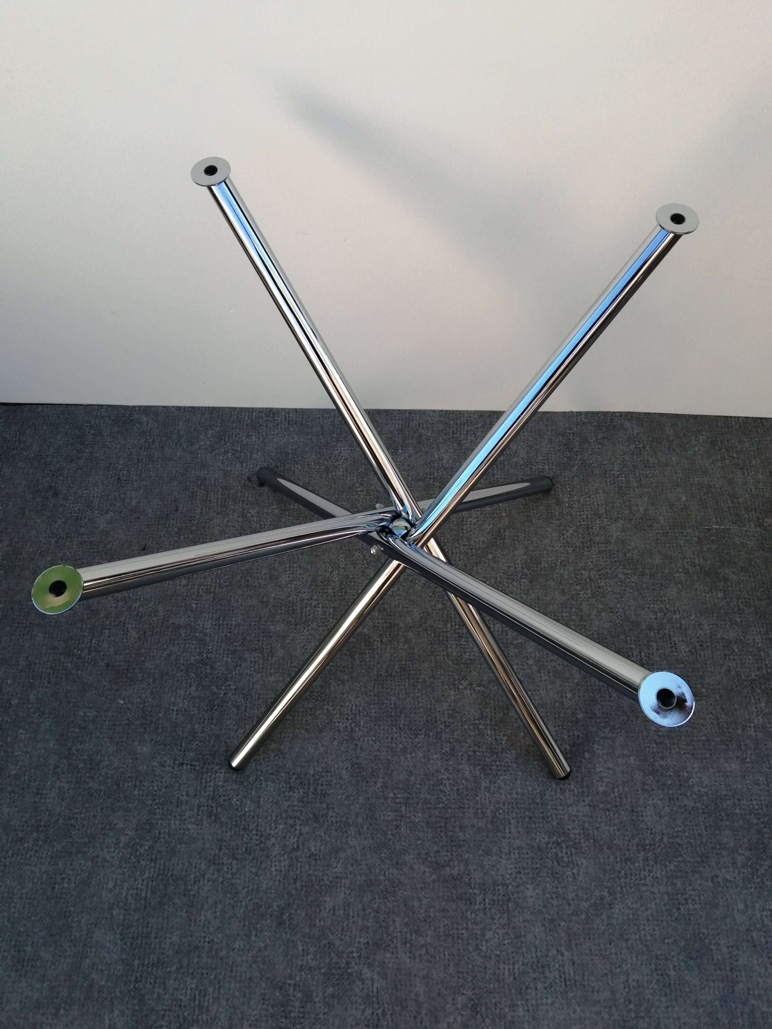 Designer smoked glass table, chrome Mikado base, vintage 1970
