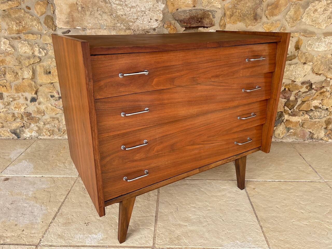 Vintage walnut commode with tapered legs circa 1950s