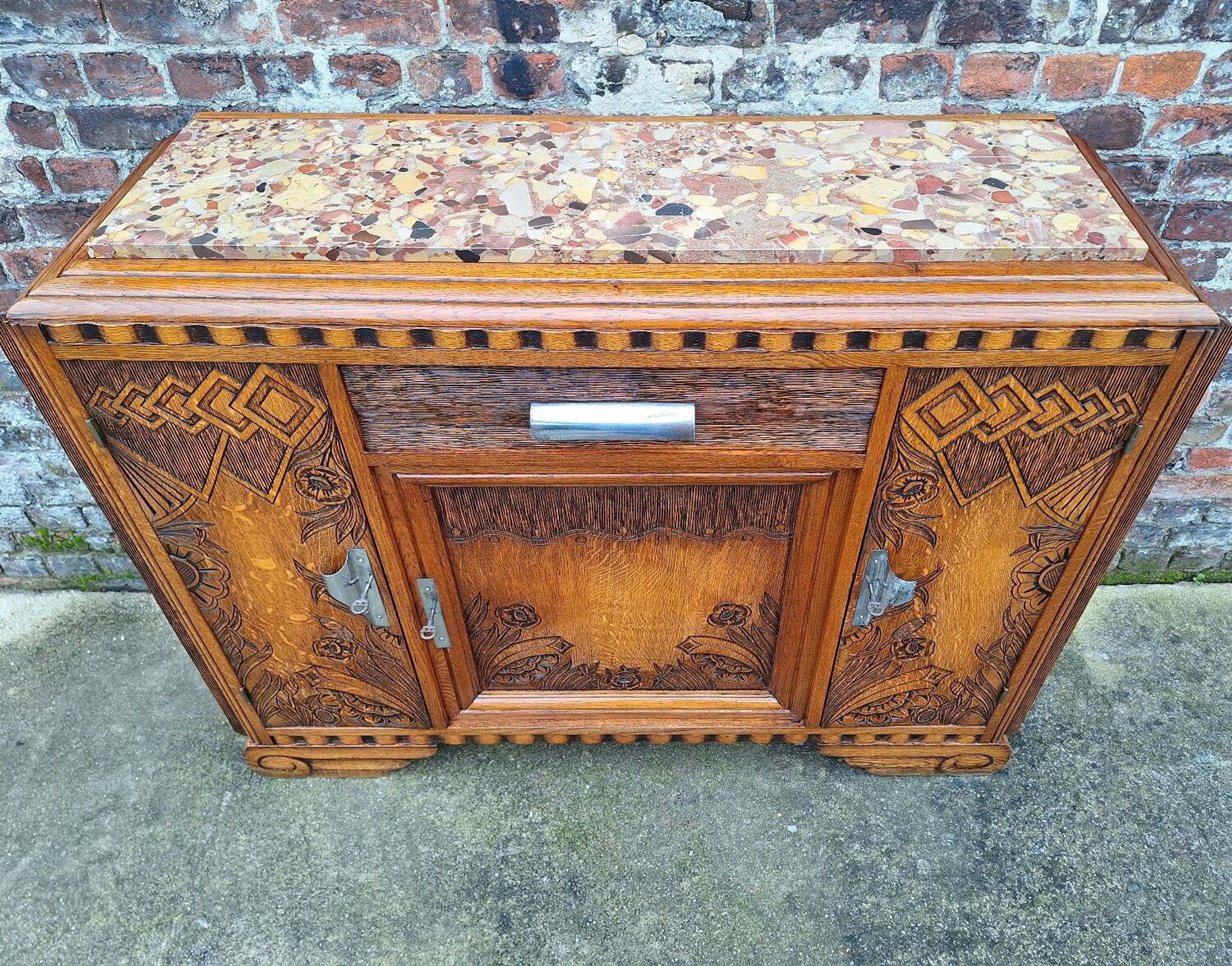 Art deco sideboard marble top, old buffet furniture, vintage dresser