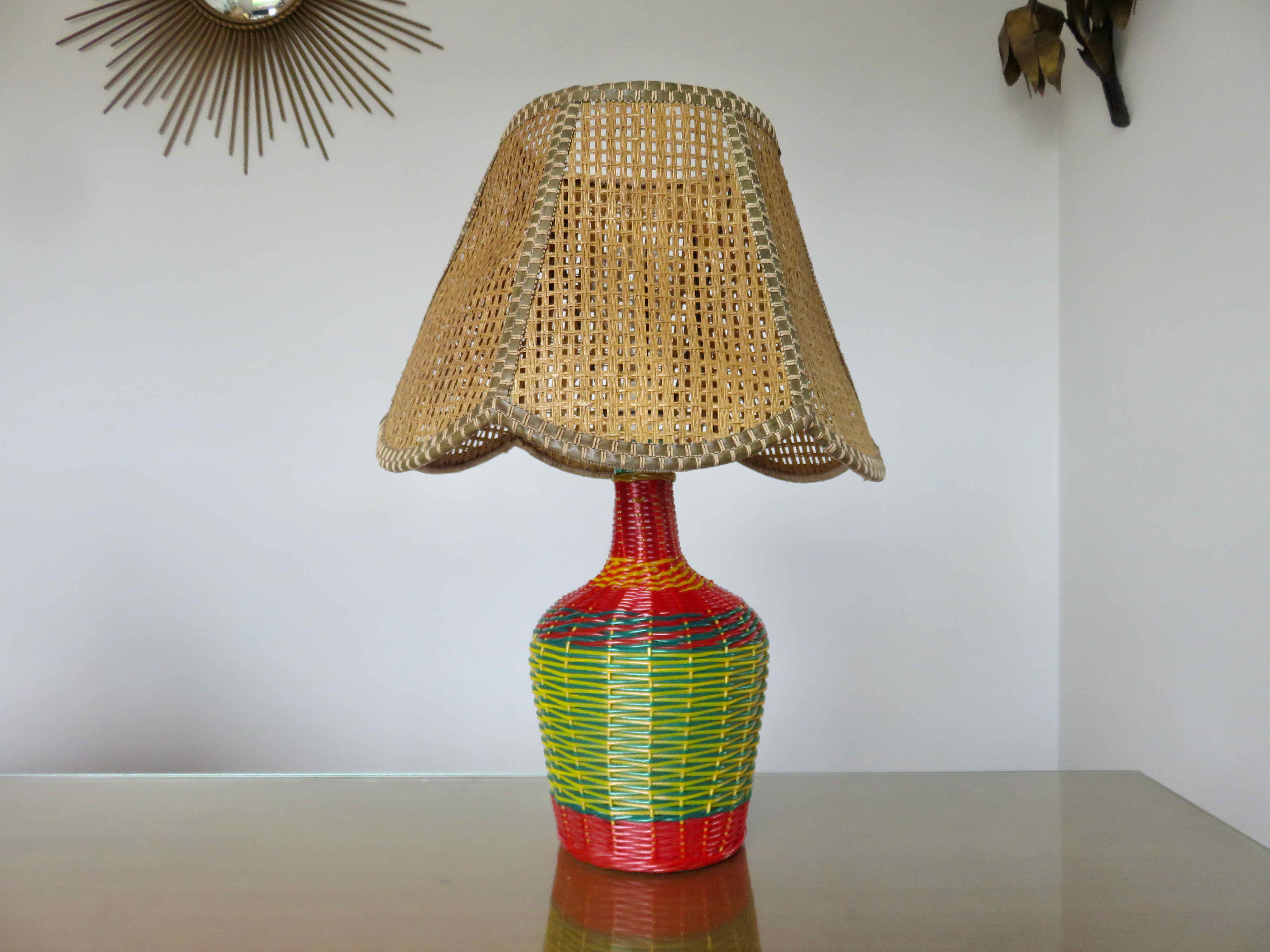 Bottle lamp in scoubidou, lampshade in rattan years 50/60