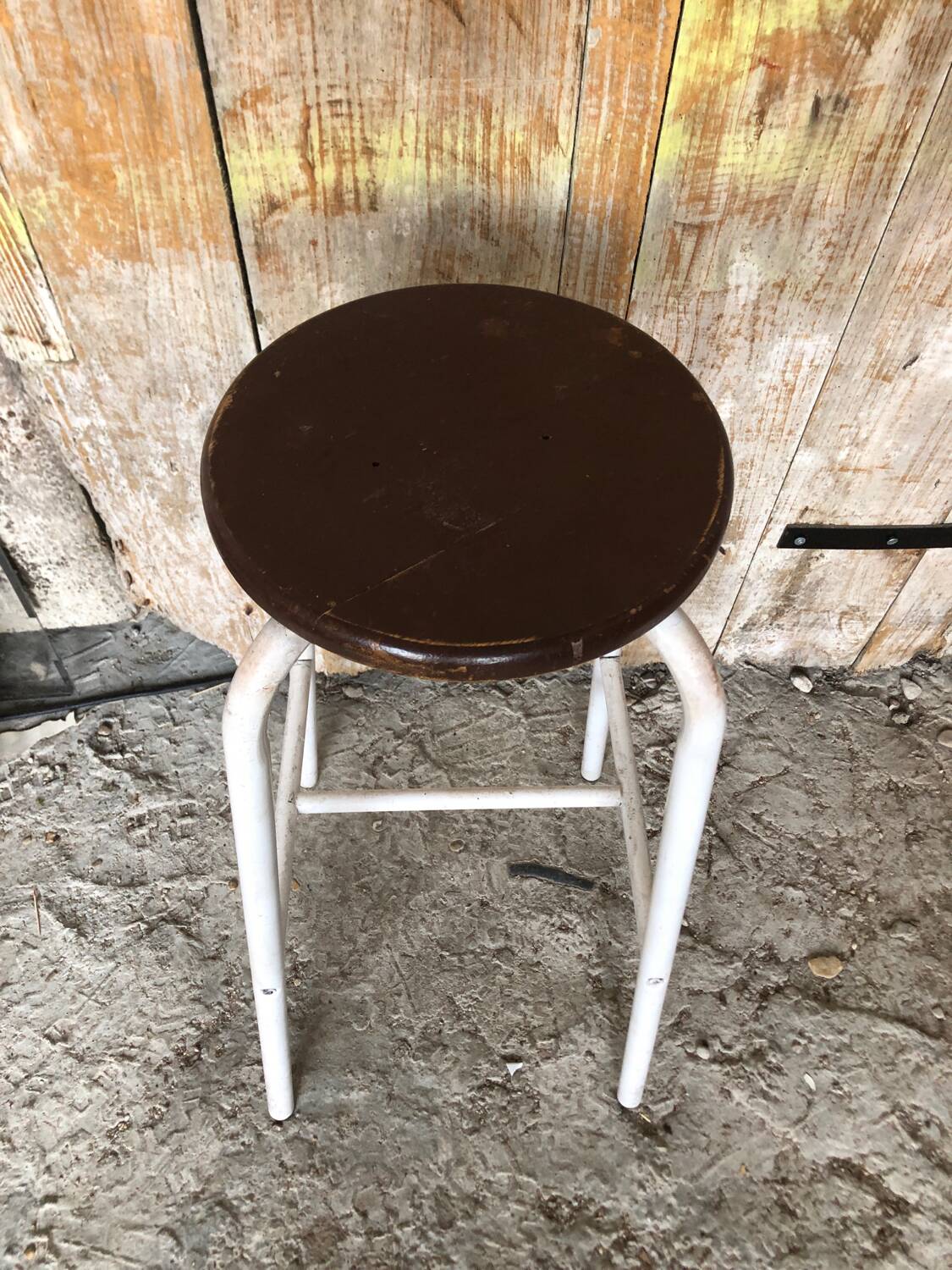 Bar Stool White Metal Leg + Vintage Brown Wood Seat #A352