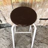 Bar Stool White Metal Leg + Vintage Brown Wood Seat #A352