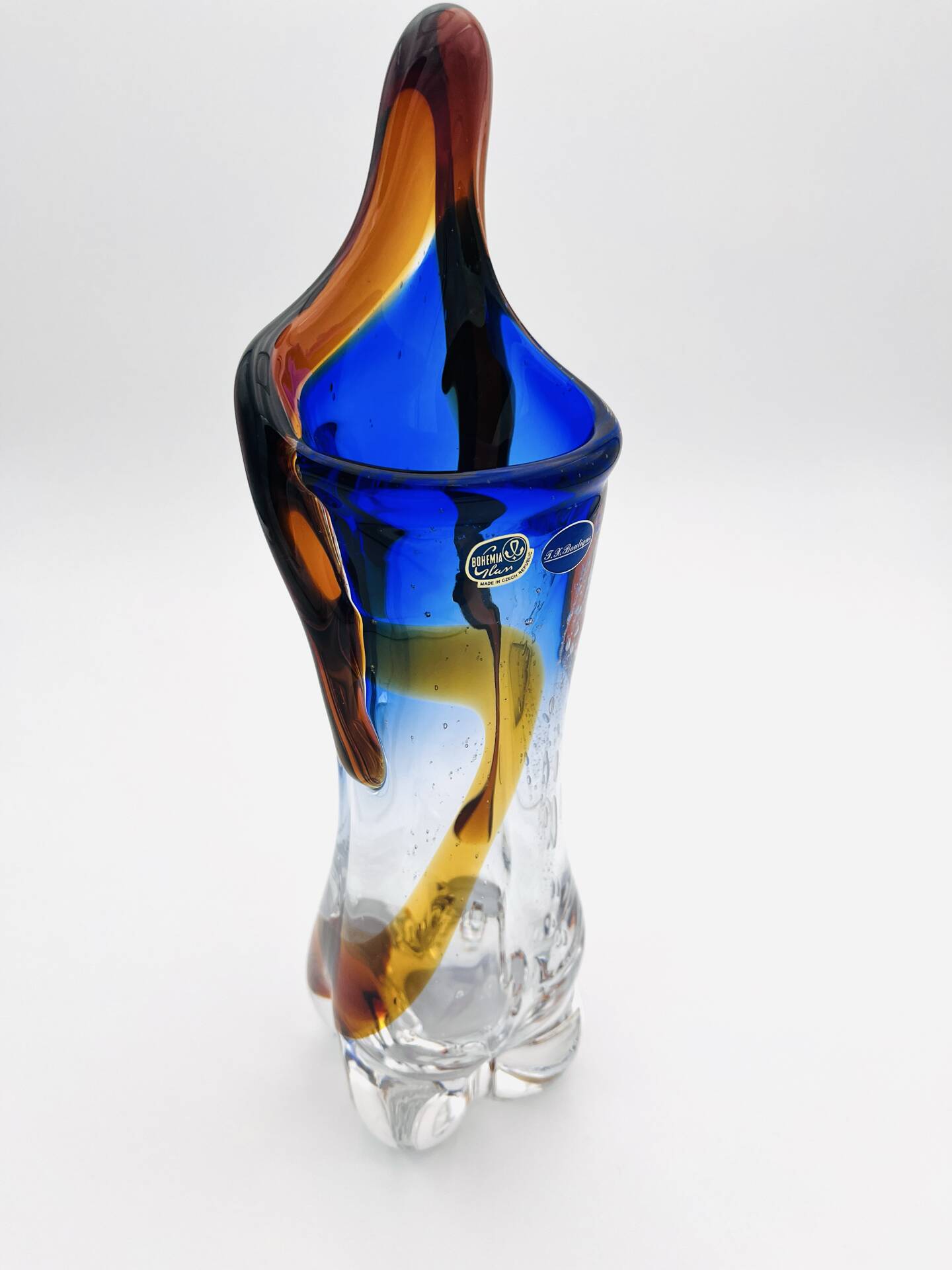 Large stretched glass sculpture vase from Bohemia – Cobalt blue, Amber