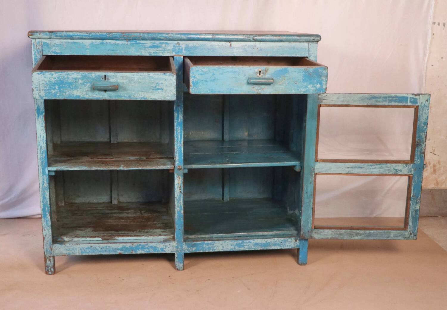 Old Burmese teak sideboard with original blue patina