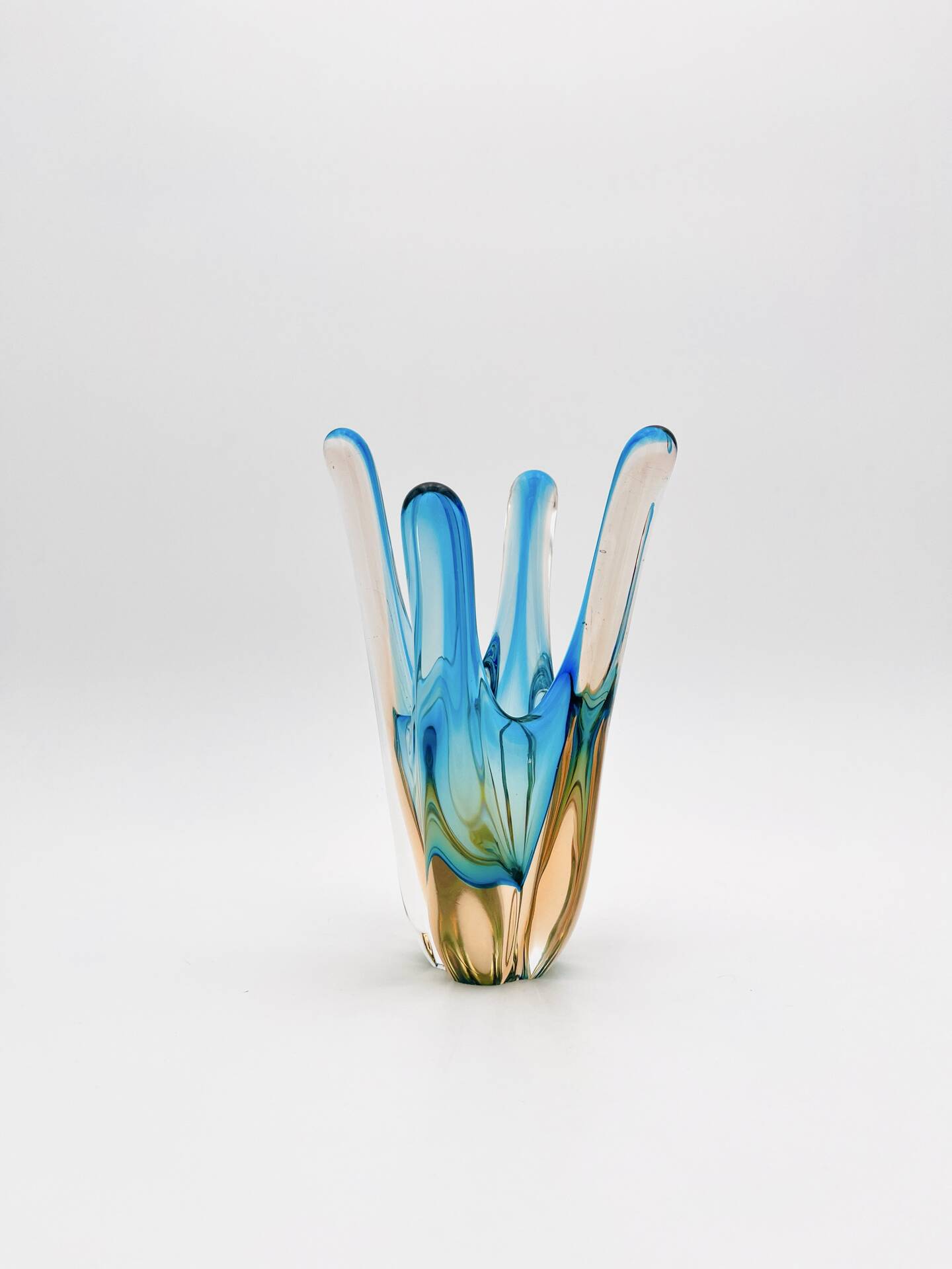 Murano Sommerso Blue Turquoise & Amber Vase Sculpture with 4 Branches 19.5cm