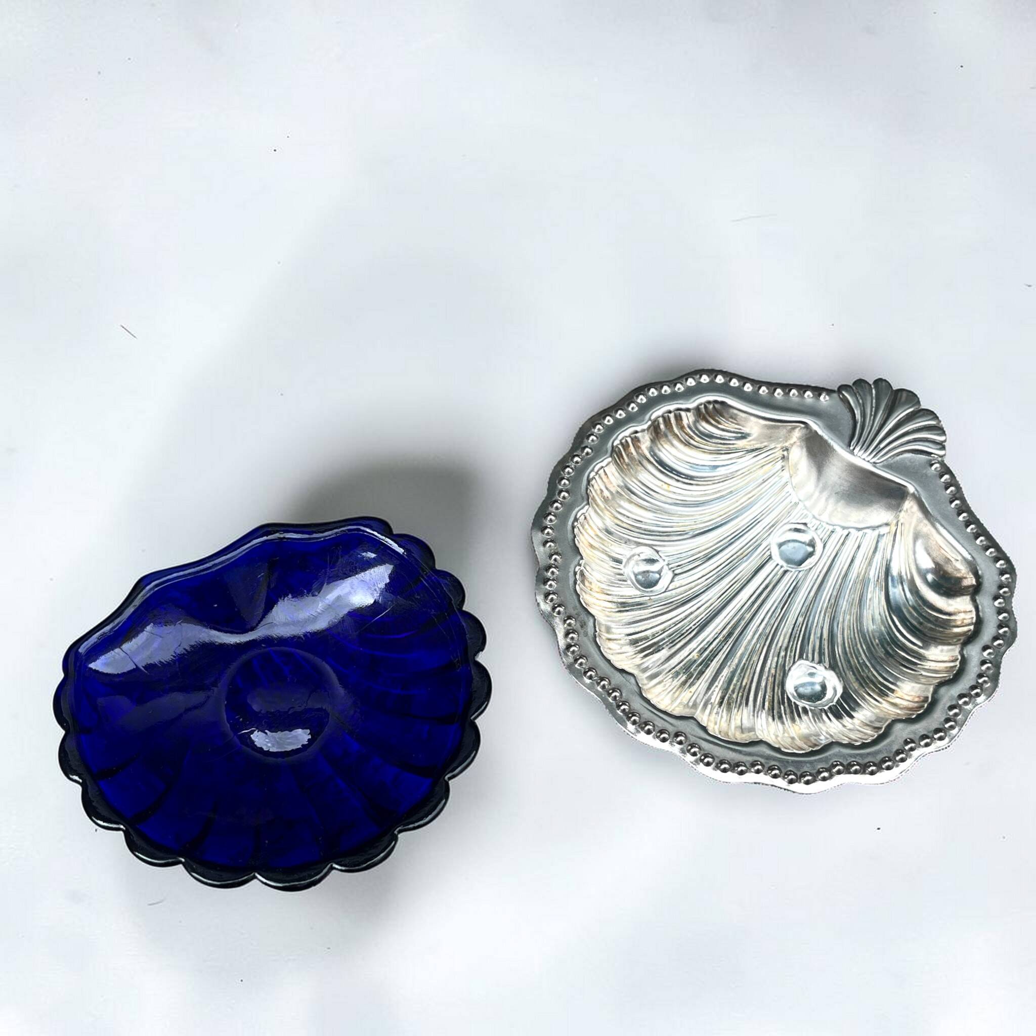 Silver-plated shell butter dish and vintage blue bowl from the 70s.
