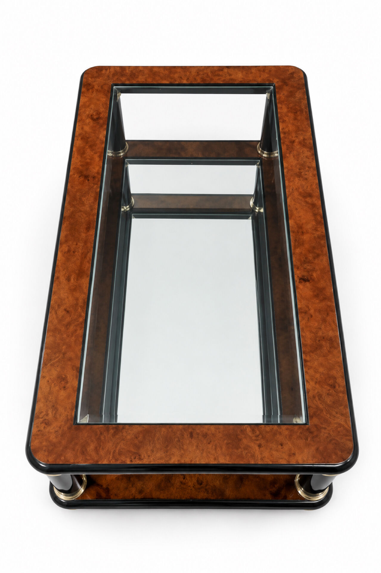 Grande table basse en loupe d’orme, verre et miroir – Design années 80