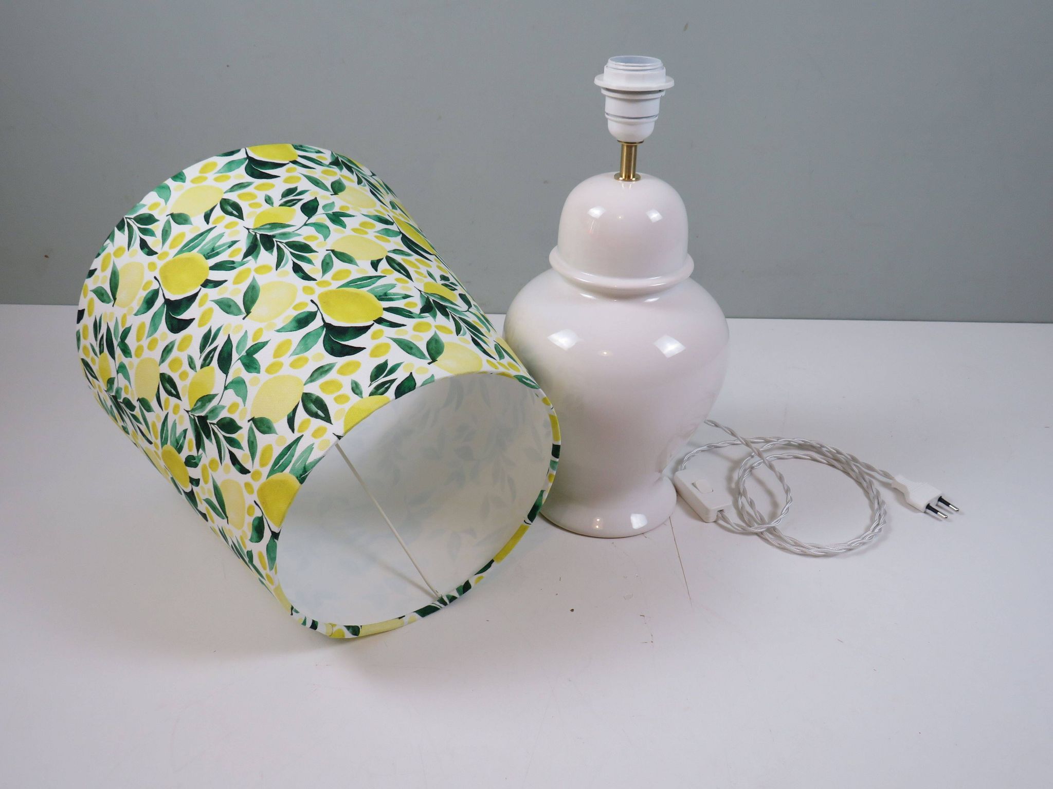 Vintage white ceramic lamp with custom lemon shade.