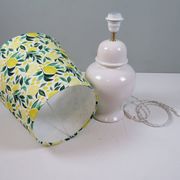Vintage white ceramic lamp with custom lemon shade.
