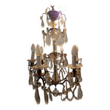 Brass chandelier with glass shaft, crystal tassel plates and daggers - 6 lights