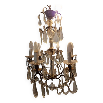 Brass chandelier with glass shaft, crystal tassel plates and daggers - 6 lights