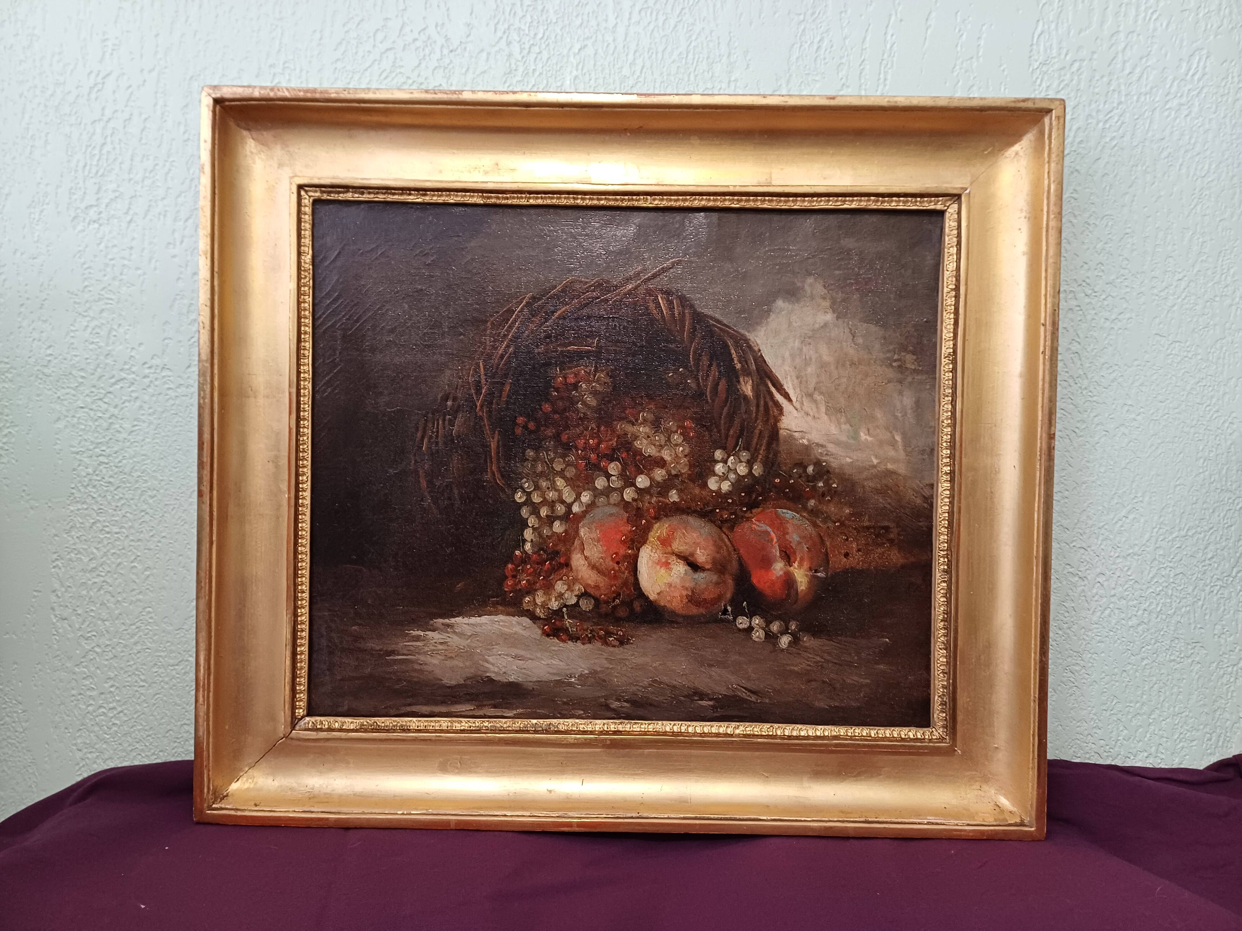 Hst painting still life basket of overturned fruit 19th - 20th century