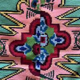 Romanian flatwoven rug geometrical design on a green turquoise background, 158x185 cm