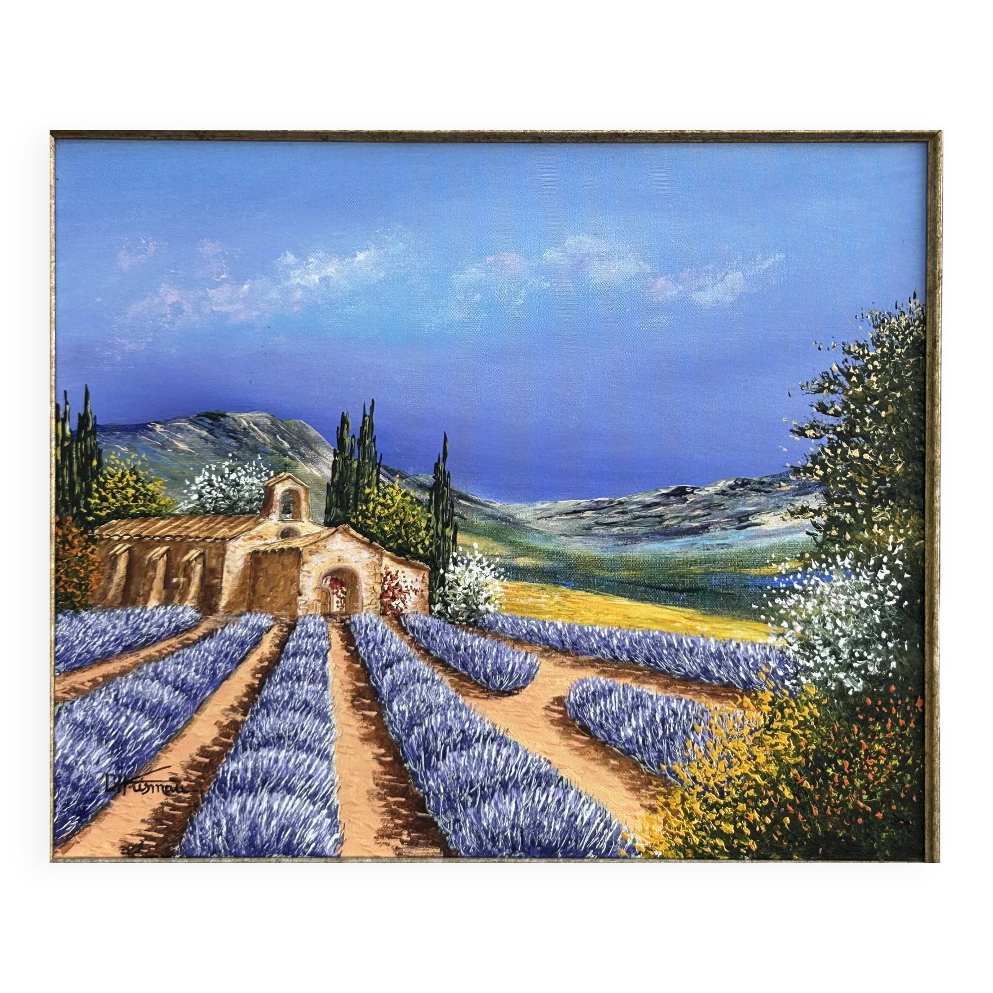 Oil on canvas, Chapel of Provence, lavender fields signed Ehrisman