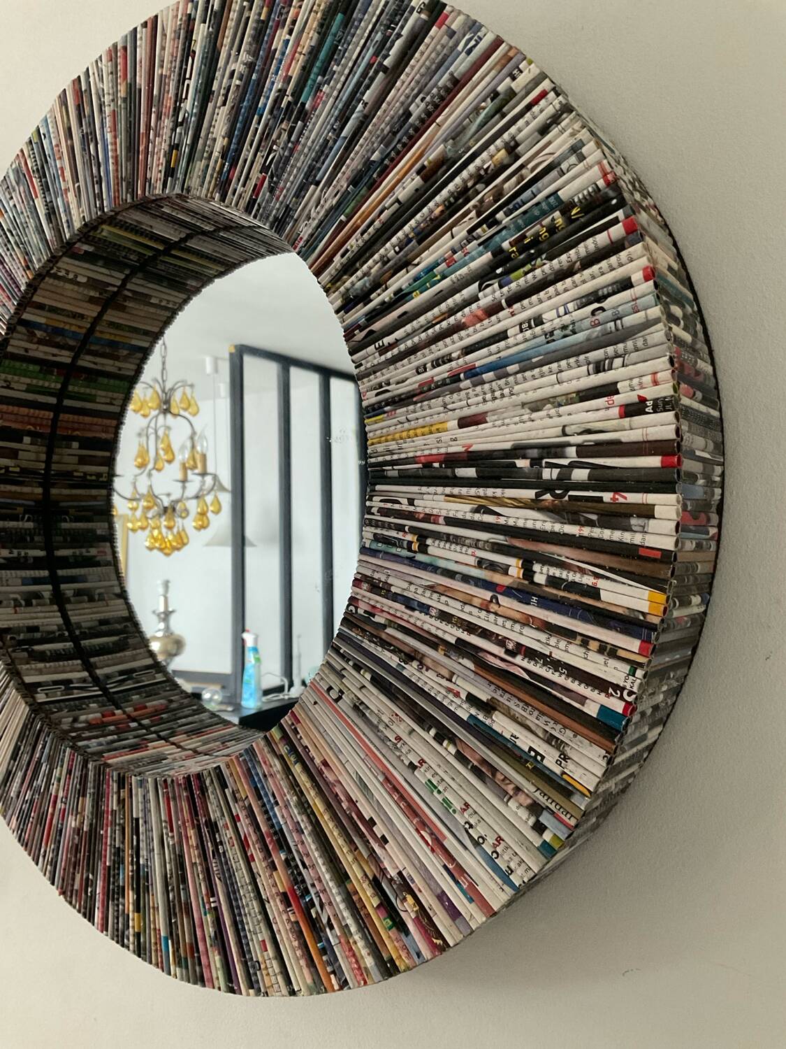 Vintage round mirror made of paper rolls