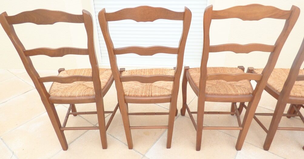8 Straw chairs with high backs in solid wood