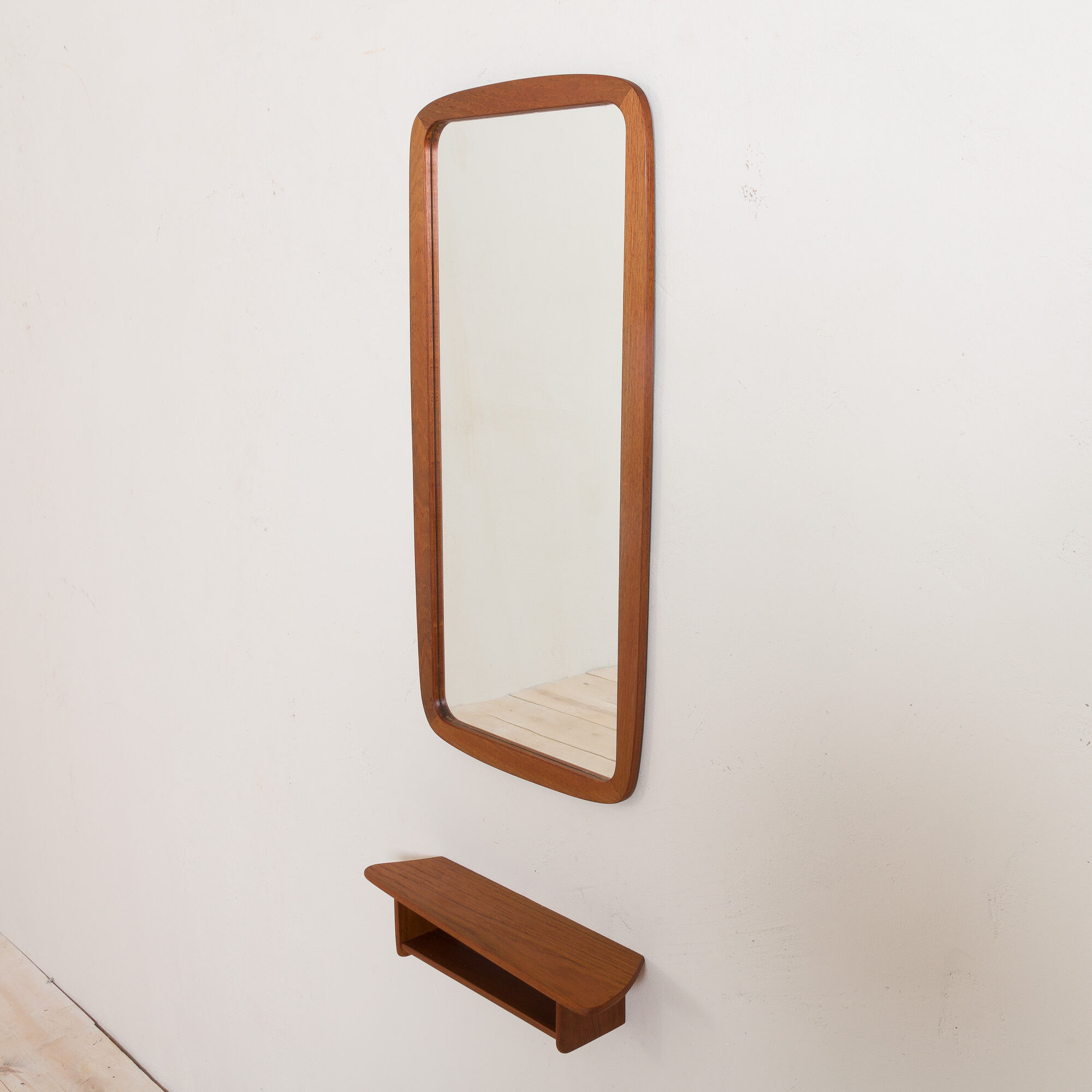 JM teak mirror with organic shape teak console, Denmark, 60s