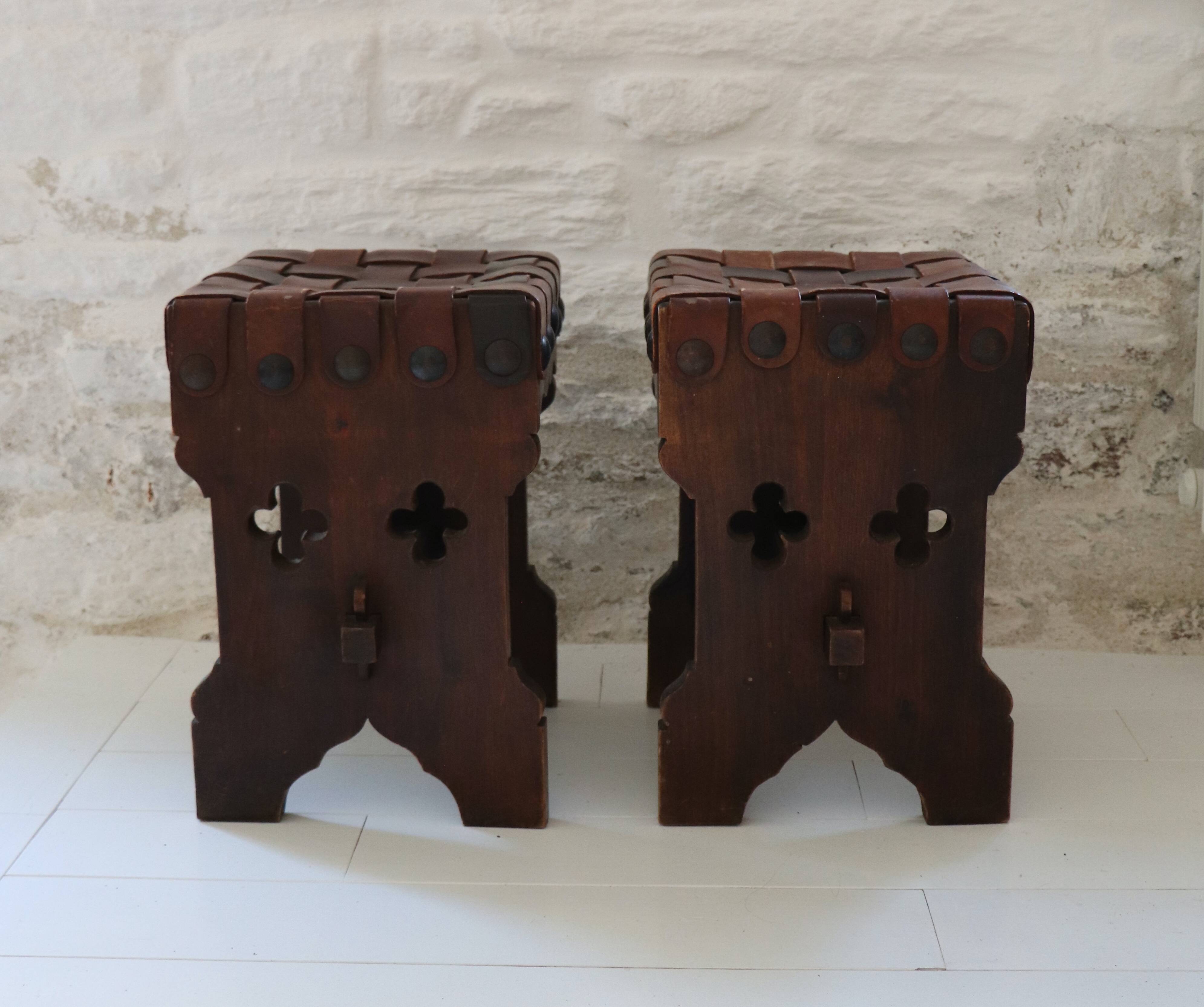 Pair of XX brutalist design wooden and leather stools