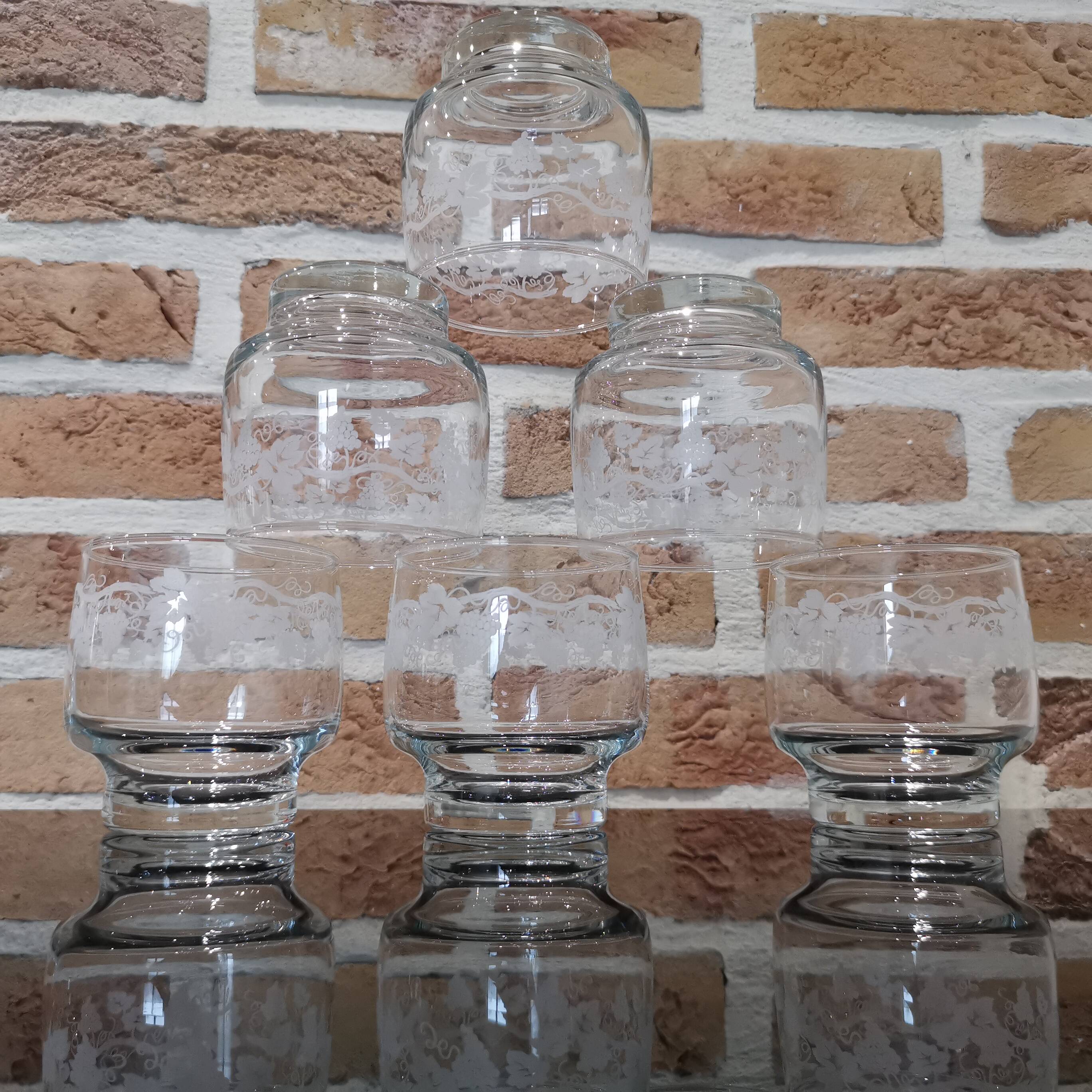 Set of 6 water glasses decorated with grapes and vine branches France