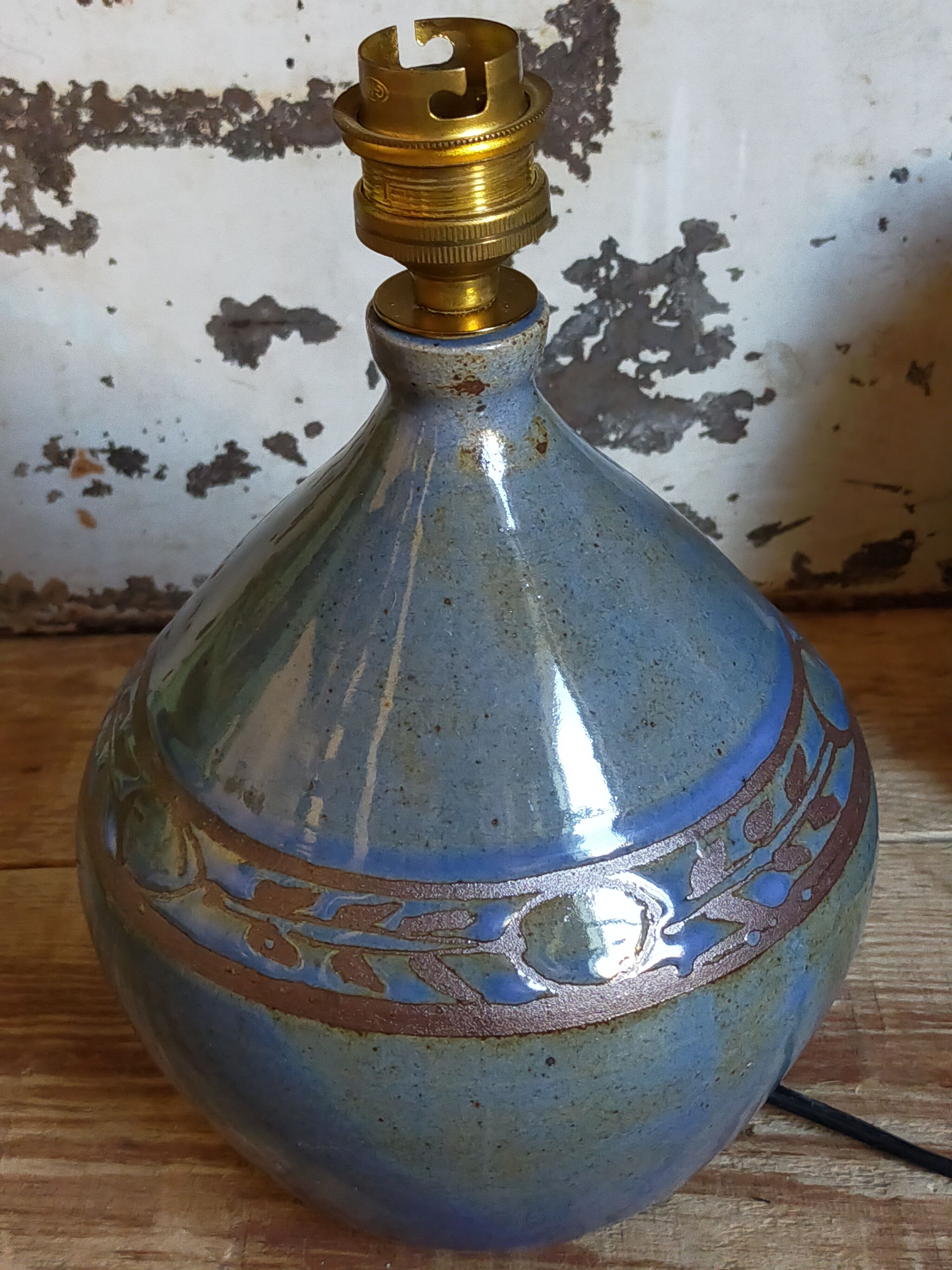 Vintage potter's ceramic table lamp, raffia lampshade