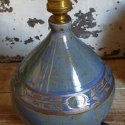 Vintage potter's ceramic table lamp, raffia lampshade