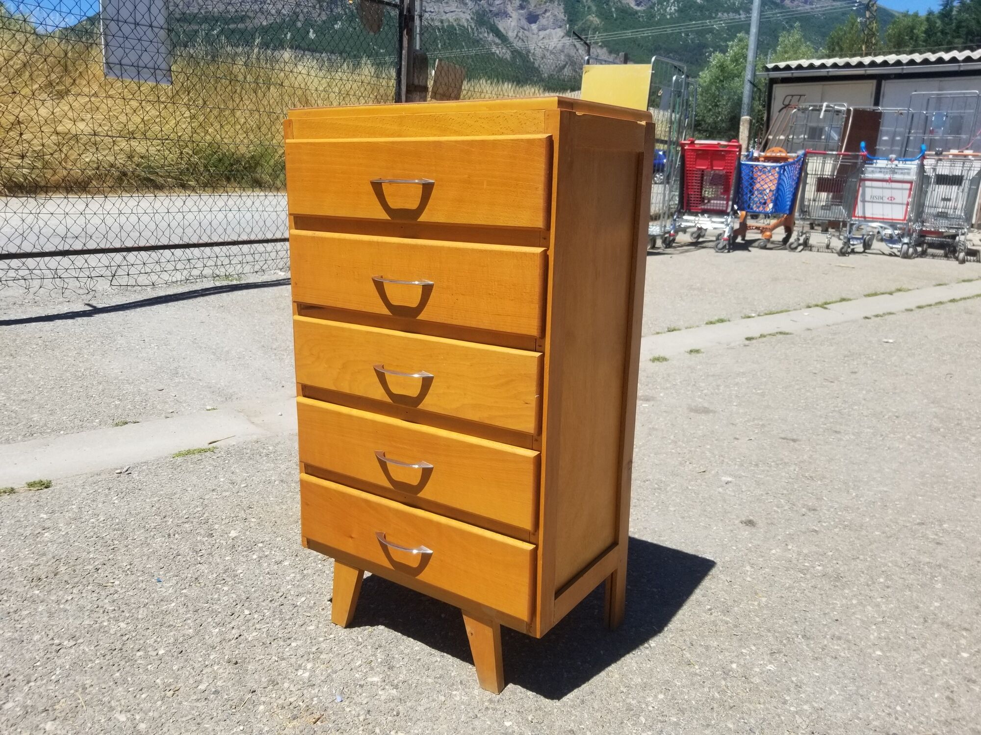 Chiffonnier vintage 5 tiroirs en bois blond - années 60