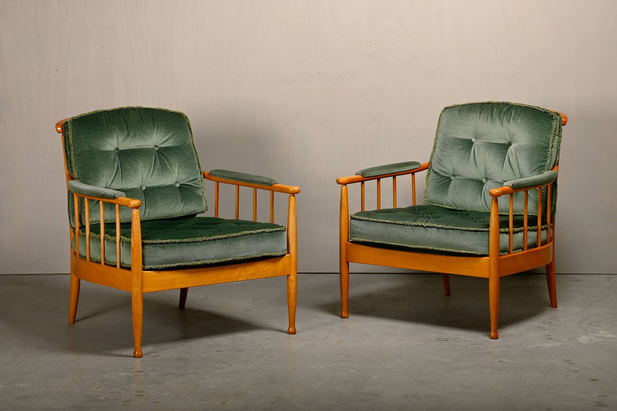 Kerstin Hörlin-Homquist Skrindan Armchairs in Beech and Green Velvet, Swede
