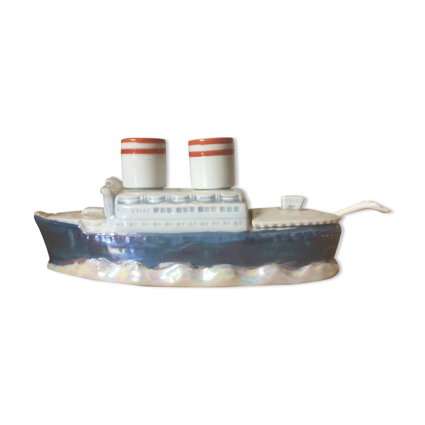 Service condiments à paquebot, sel, poivre, moutarde, porcelaine irisée, vintage