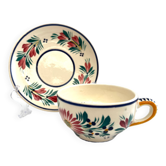 Tasse et sous tasse à thé Quimper décor fleurs