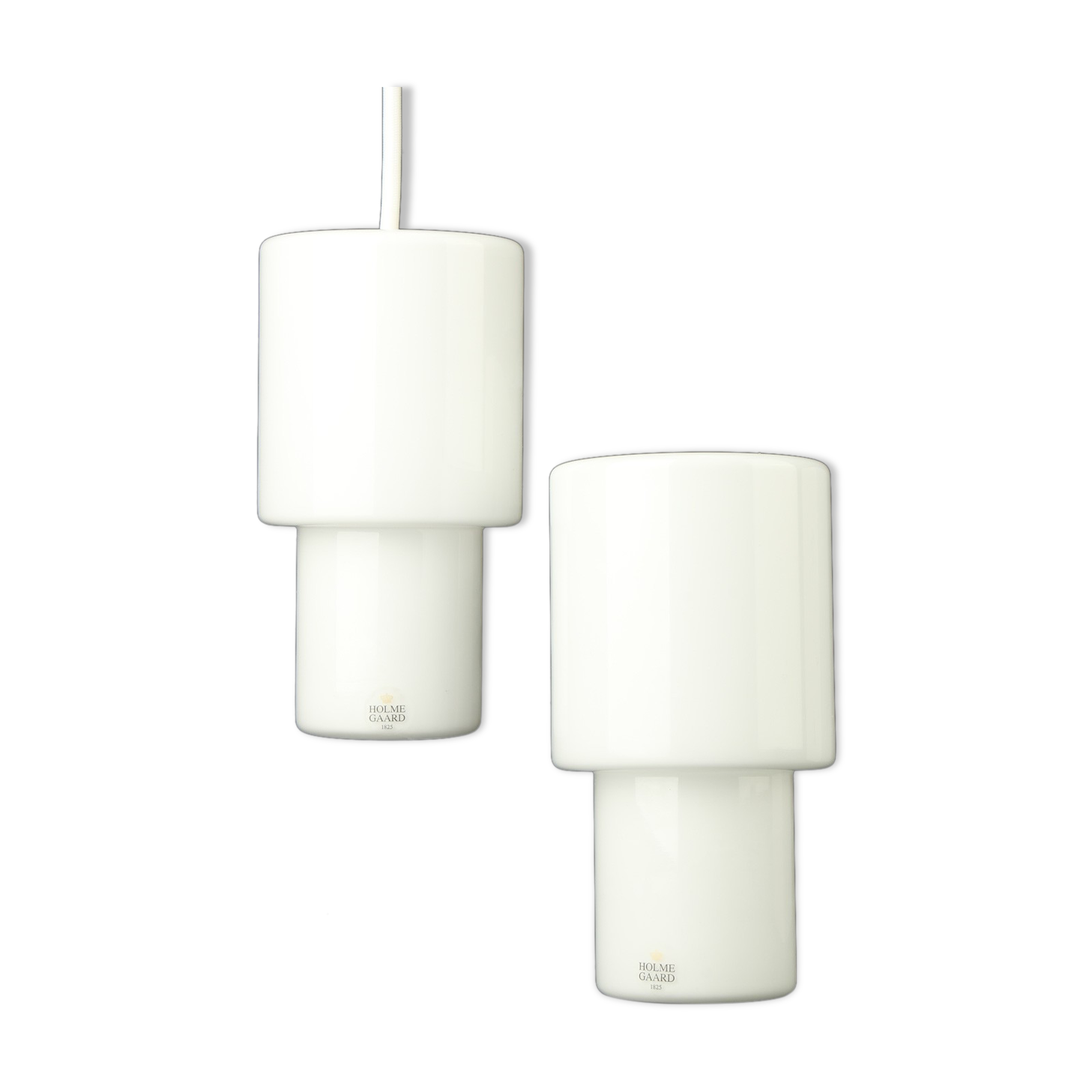 Two Holmegaard pendants, Two-Way model. Mouth-blown opal glass
