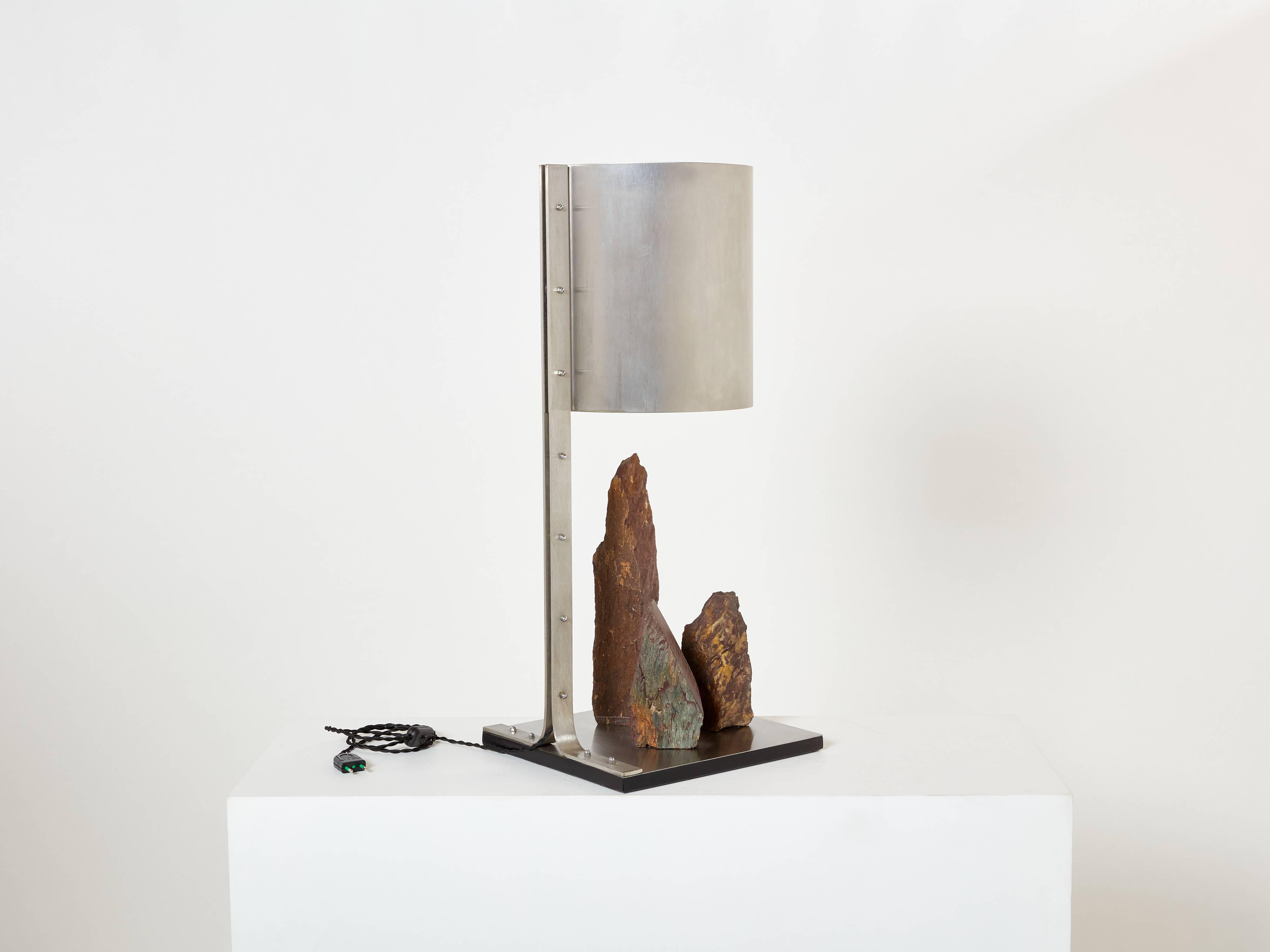 Brutalist lamp signed Philippe Jean steel and red schist 1970