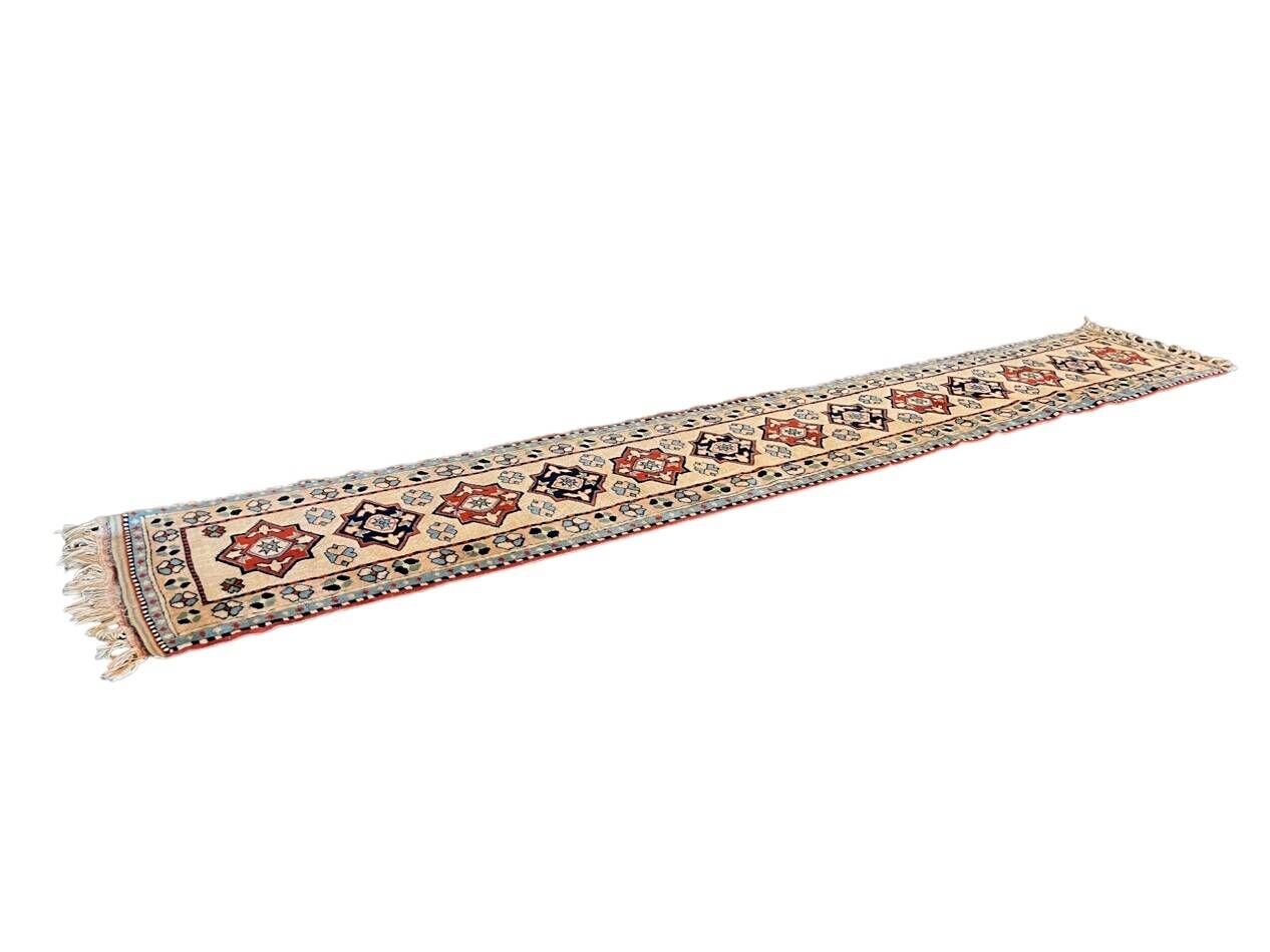 Baby Blue and Beige Long Vintage Hallway Runner
