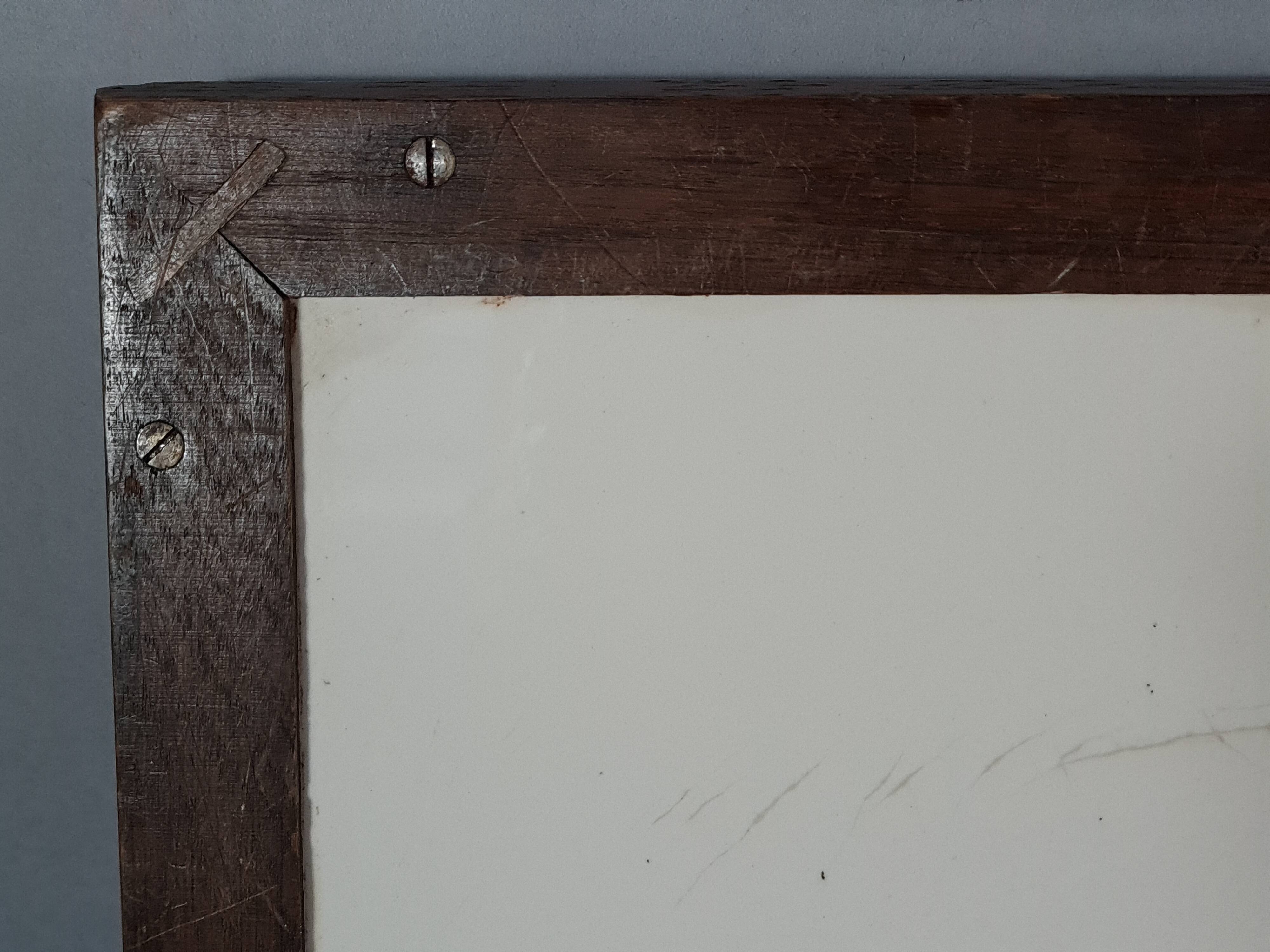 Ancien plateau de service faïence émaillée floral  & bois 1900 57x35 cm C99
