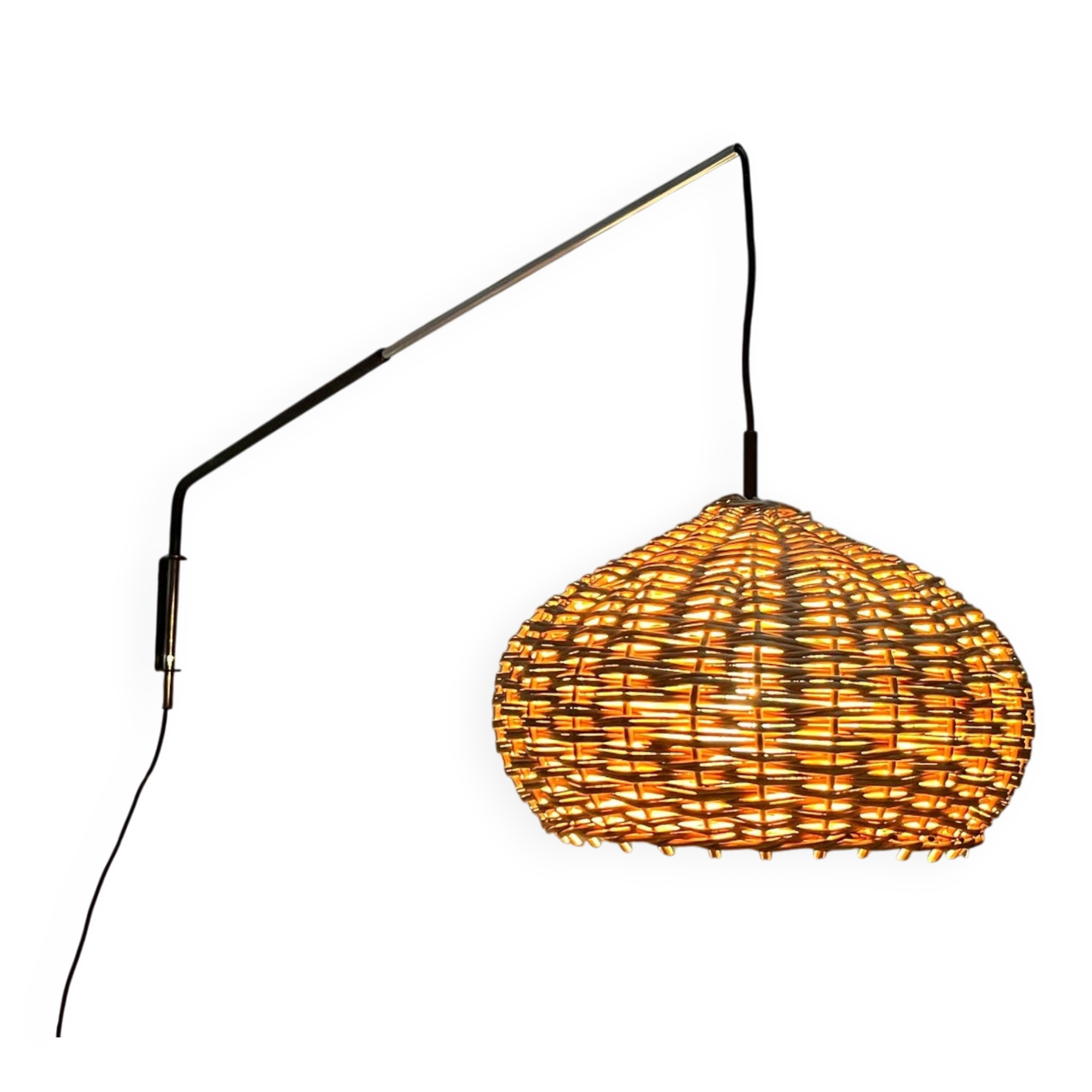 Mid-century modern Danish extendable cantilever wall lamp with a rattan shade, 1960s.