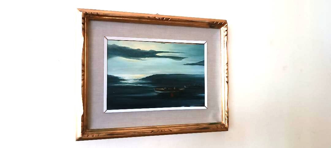 Marine painting oil on panel lake view - 1962
