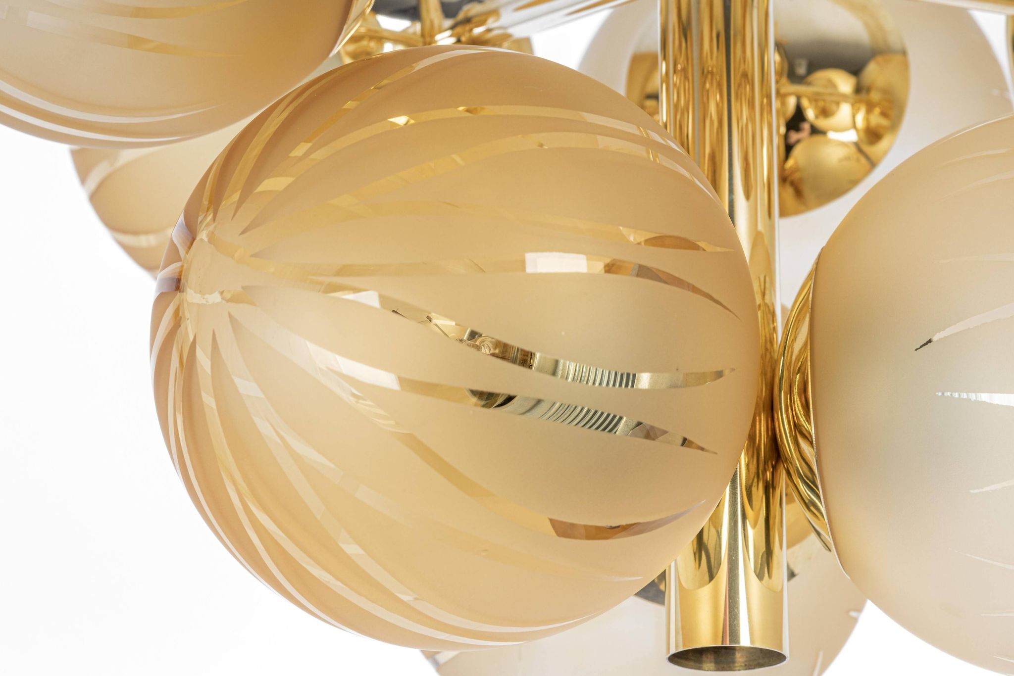 Large Sputnik chandelier in opaline and brass, Germany, 1970s.