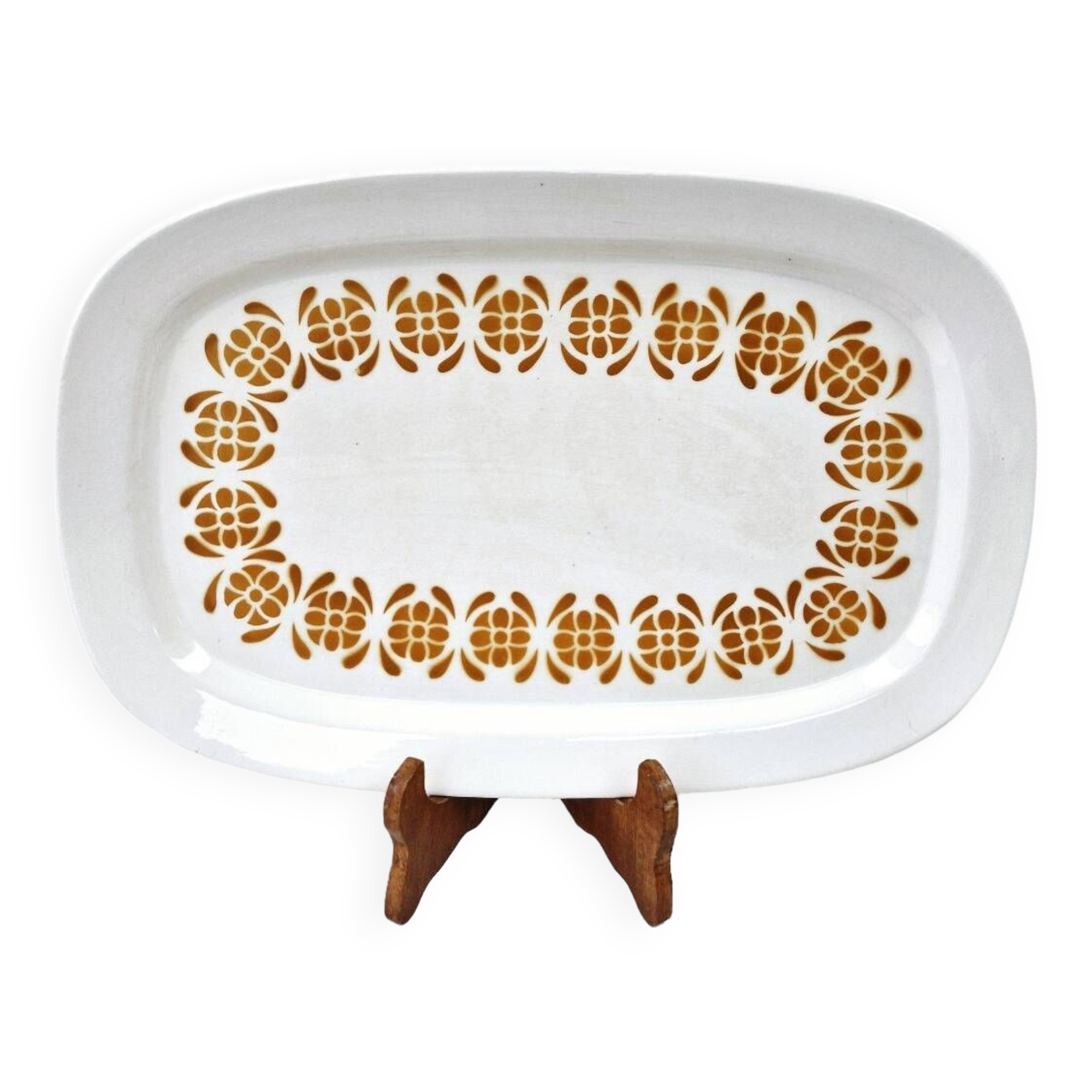 Vintage Oval Dish 70's Sarreguemines Earthenware Decor Orange Flowers 38.5 x 25 cm