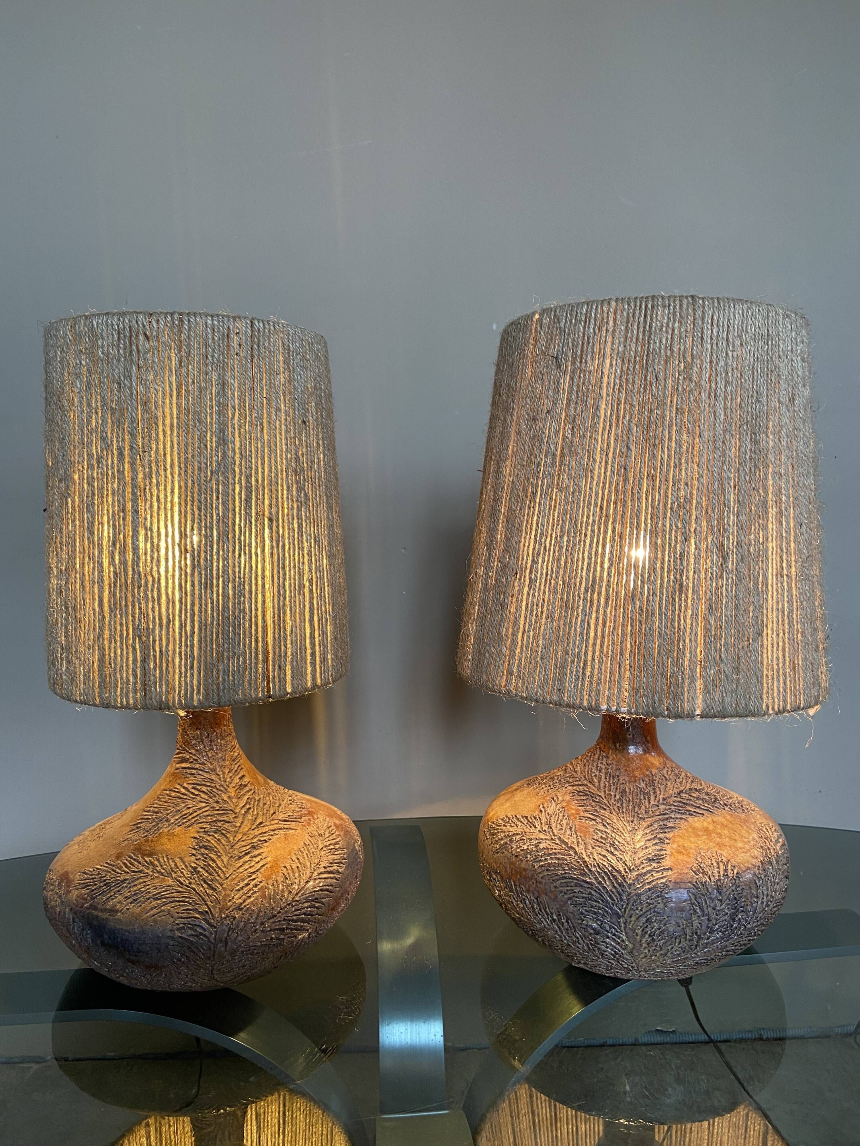 Pair of vintage Vallauris scarified seagrass stoneware lamps and rope lampshade