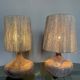 Pair of vintage Vallauris scarified seagrass stoneware lamps and rope lampshade
