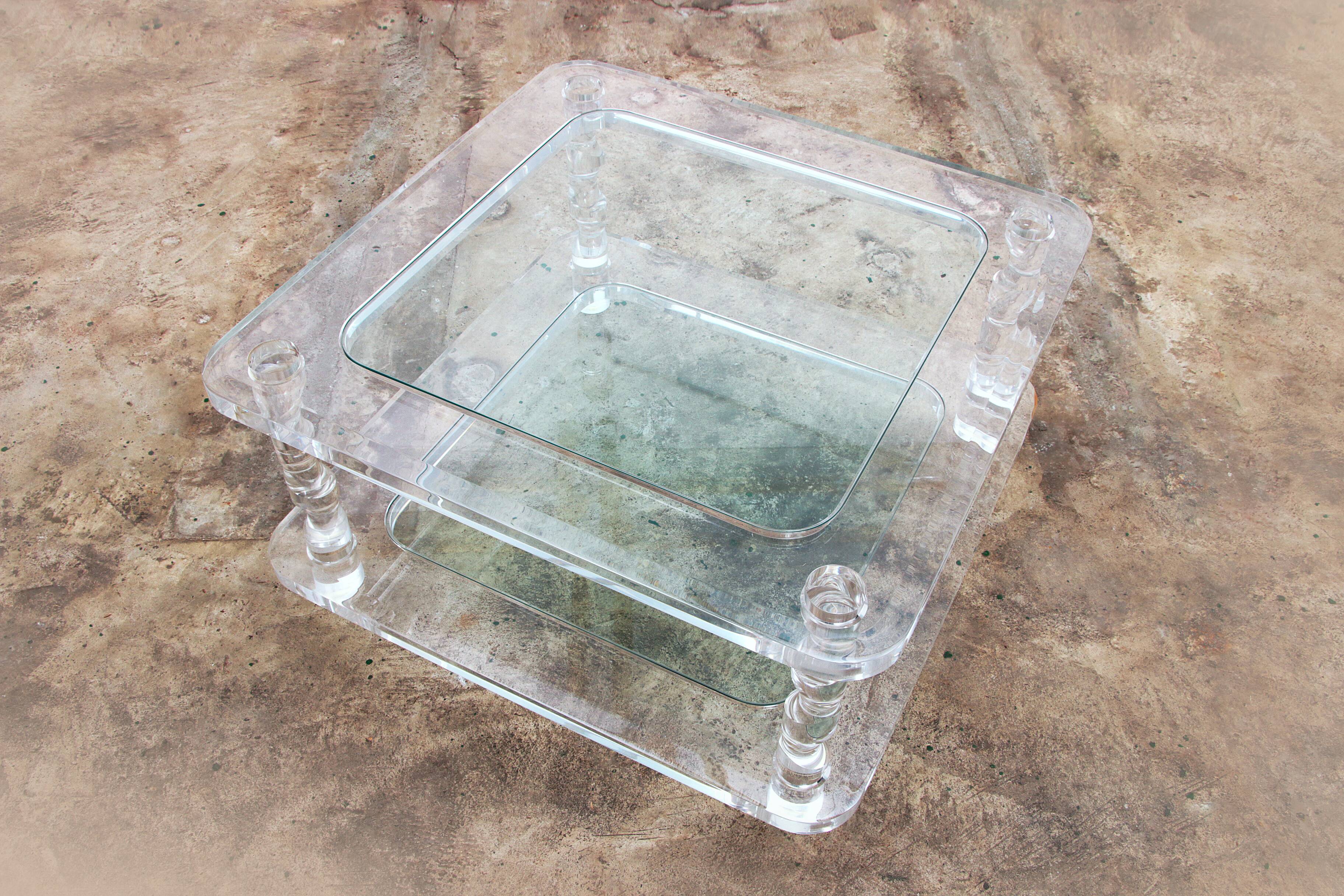 French Coffee Table Lucite and Glass Maison Romeo, 1970s
