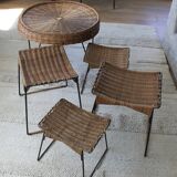 Vintage Raoul Guys set 1 table 4 rattan and metal stools Airborne