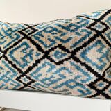 Ikat cushion in blue and black velvet
