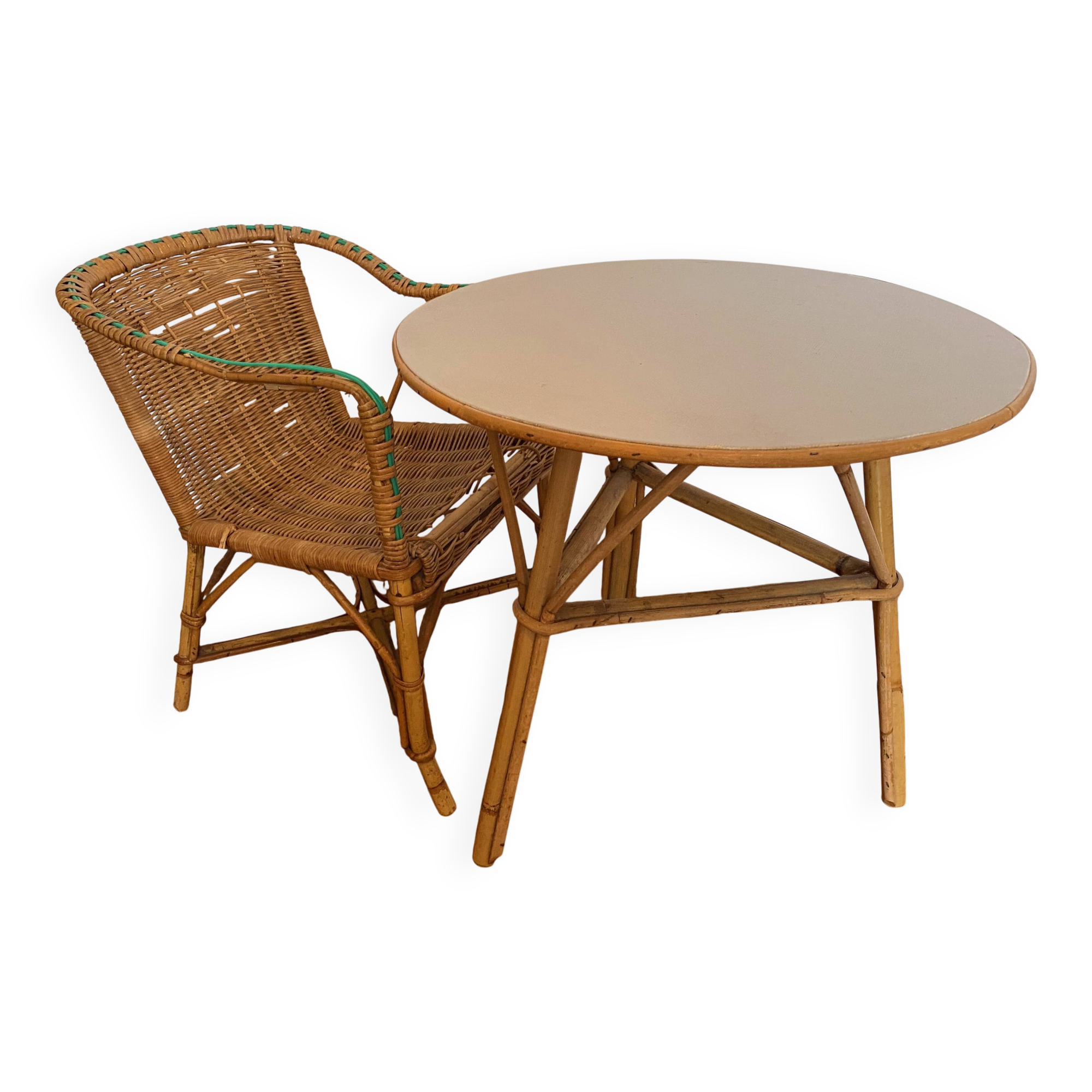 Ensemble table + chaise enfant en rotin.