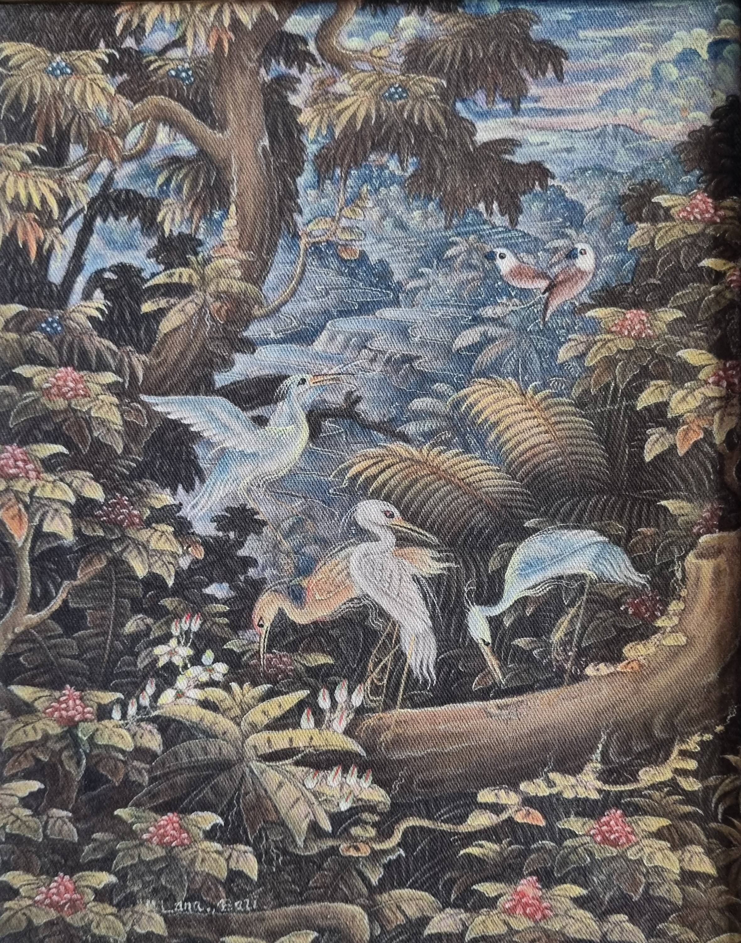 Tropical scene of Bali, painting on canvas in carved teak 33x38 cm.