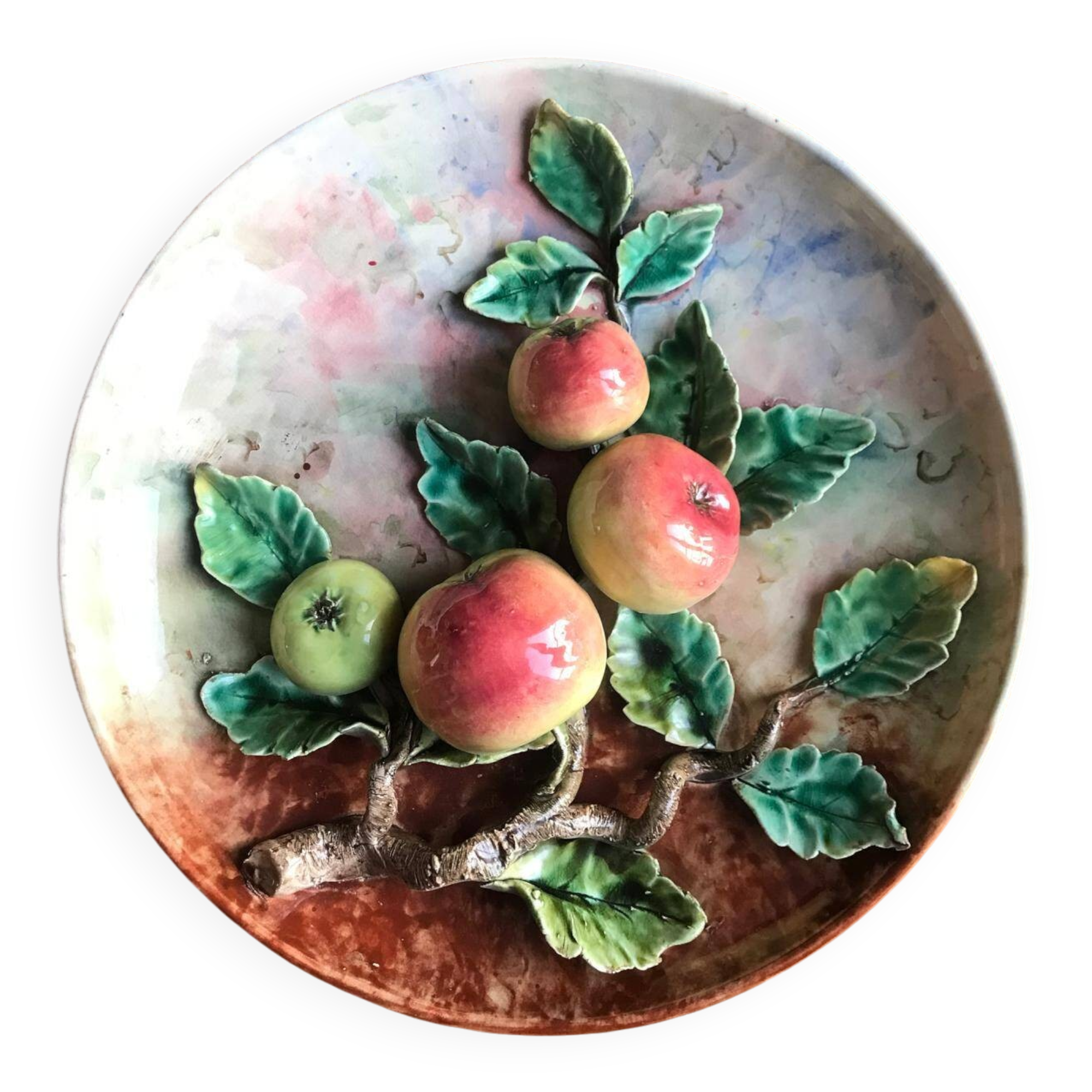 Barbotine wall dish, 19th century, Apple decor