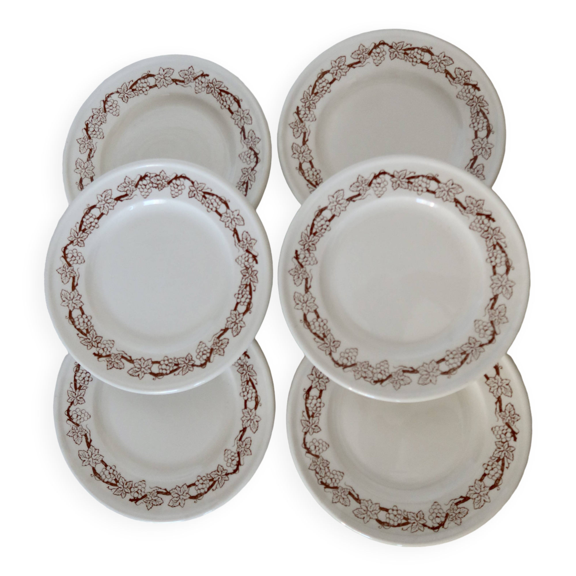 6 vintage porcelain dessert plates with brown ivy border