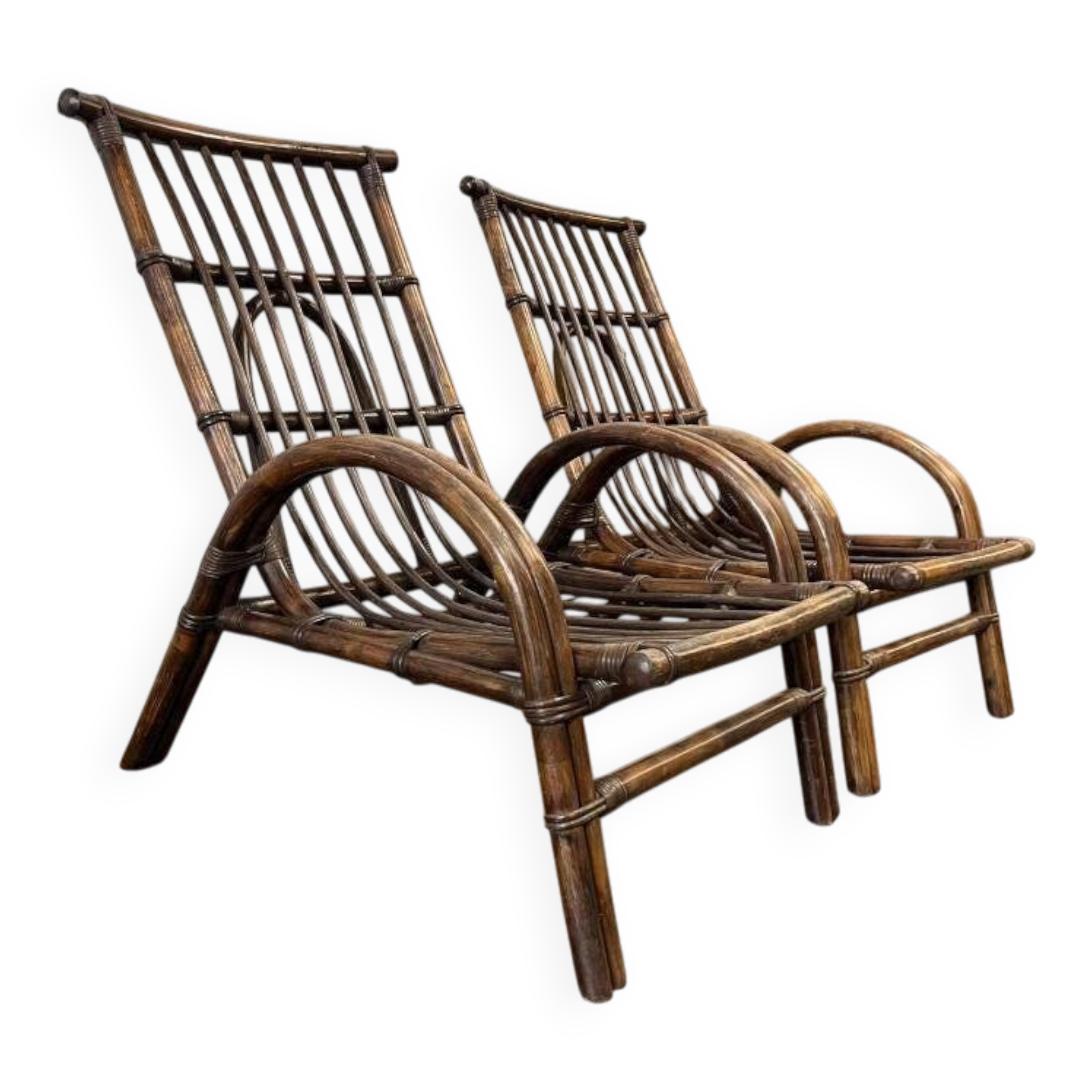 Set of 2 vintage rattan armchairs / club chairs